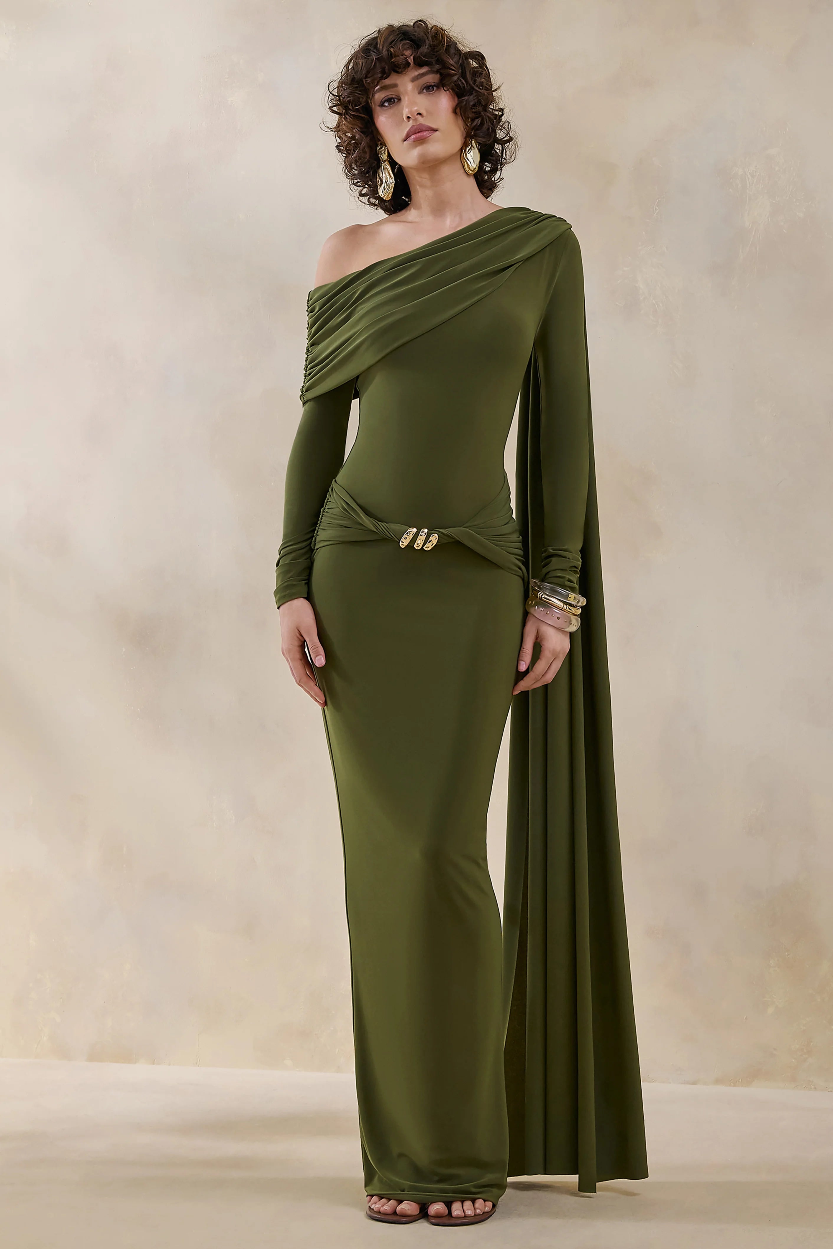 Bessy Green Asymmetric Neck Maxi Dress With Gathered Detailing And Sash