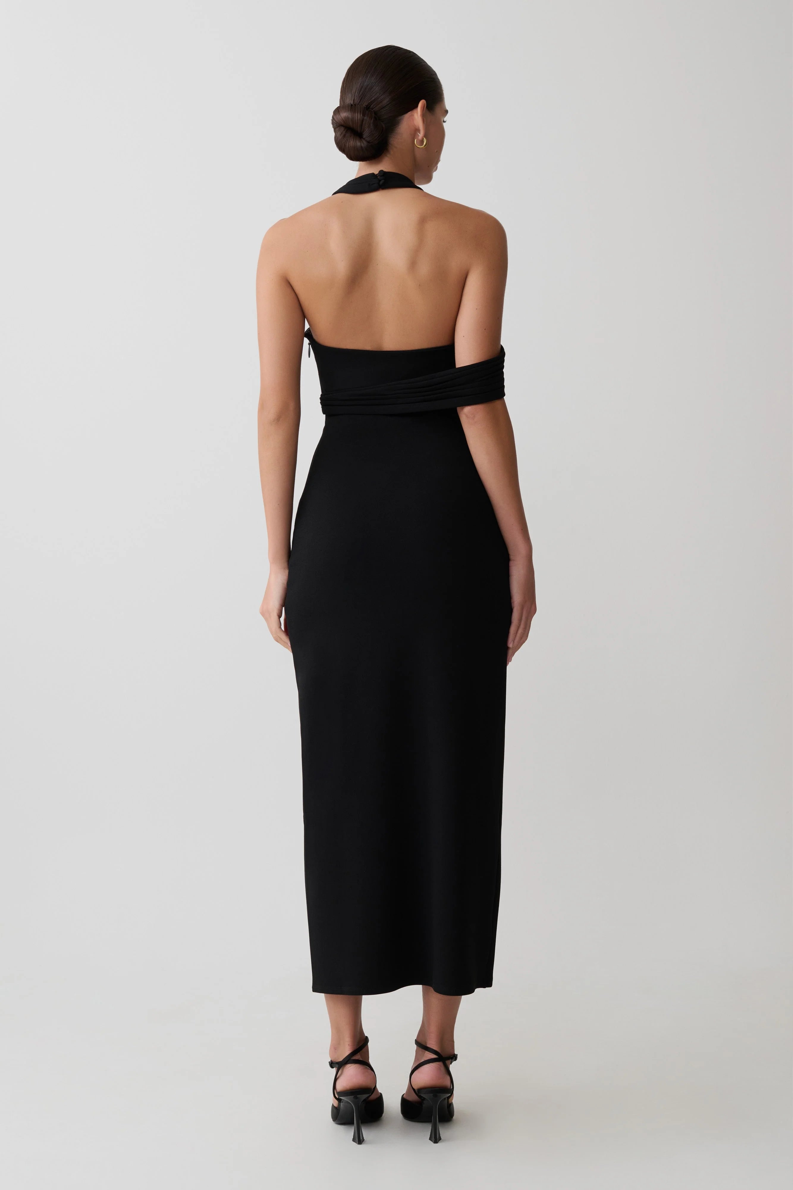 Sable Crossover Crepe Midi Dress Black