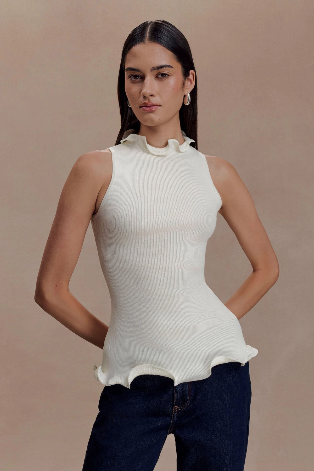 Diya Ribbed Sleeveless Top With Wire Hem Ivory