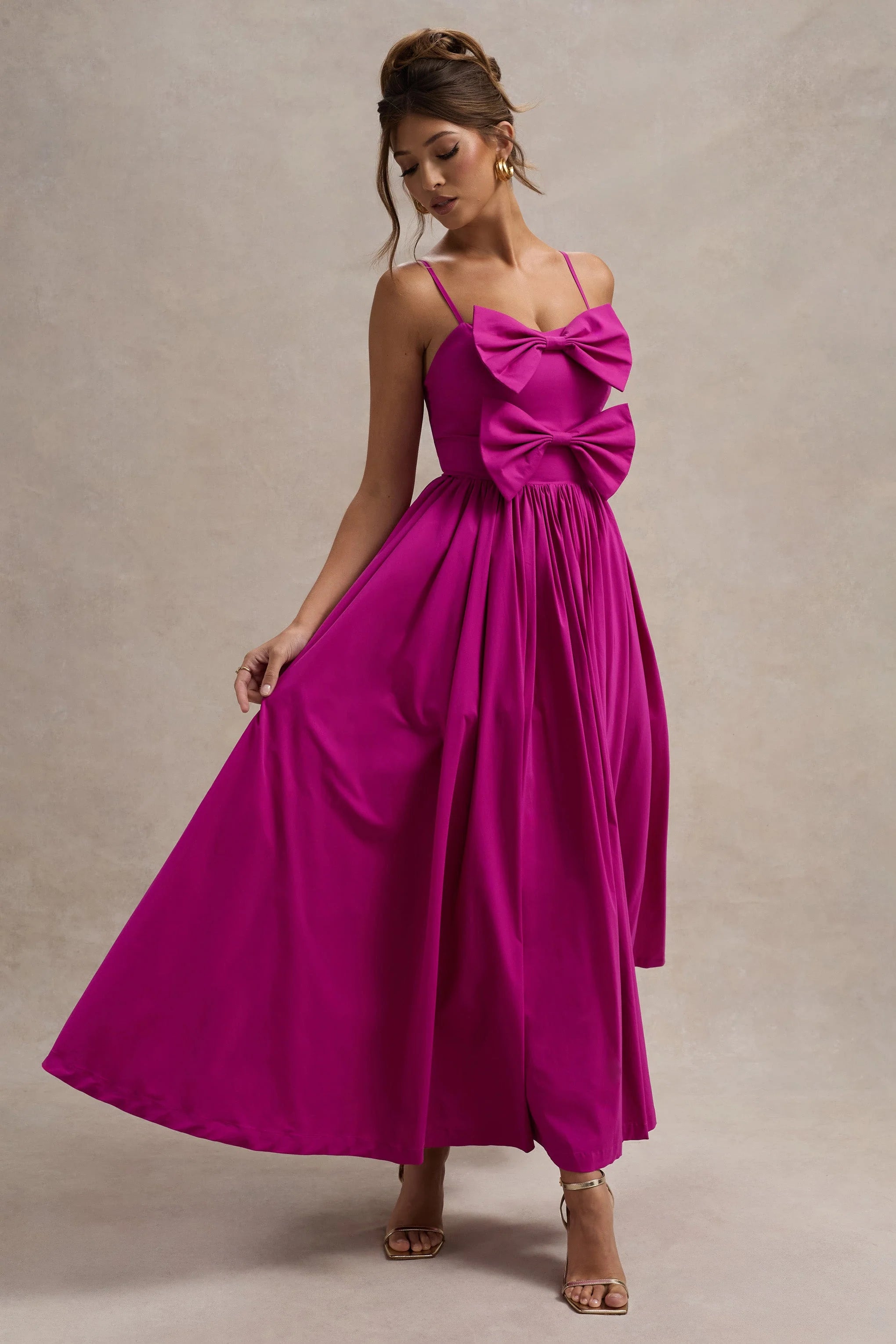 Loved Up Fuschia Pink Strappy Pleated Maxi Dress With Bows