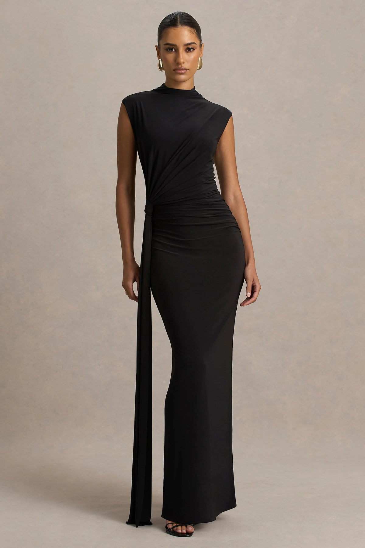 Solene Black High Neck Maxi Dress With Wrap And Drape Detail