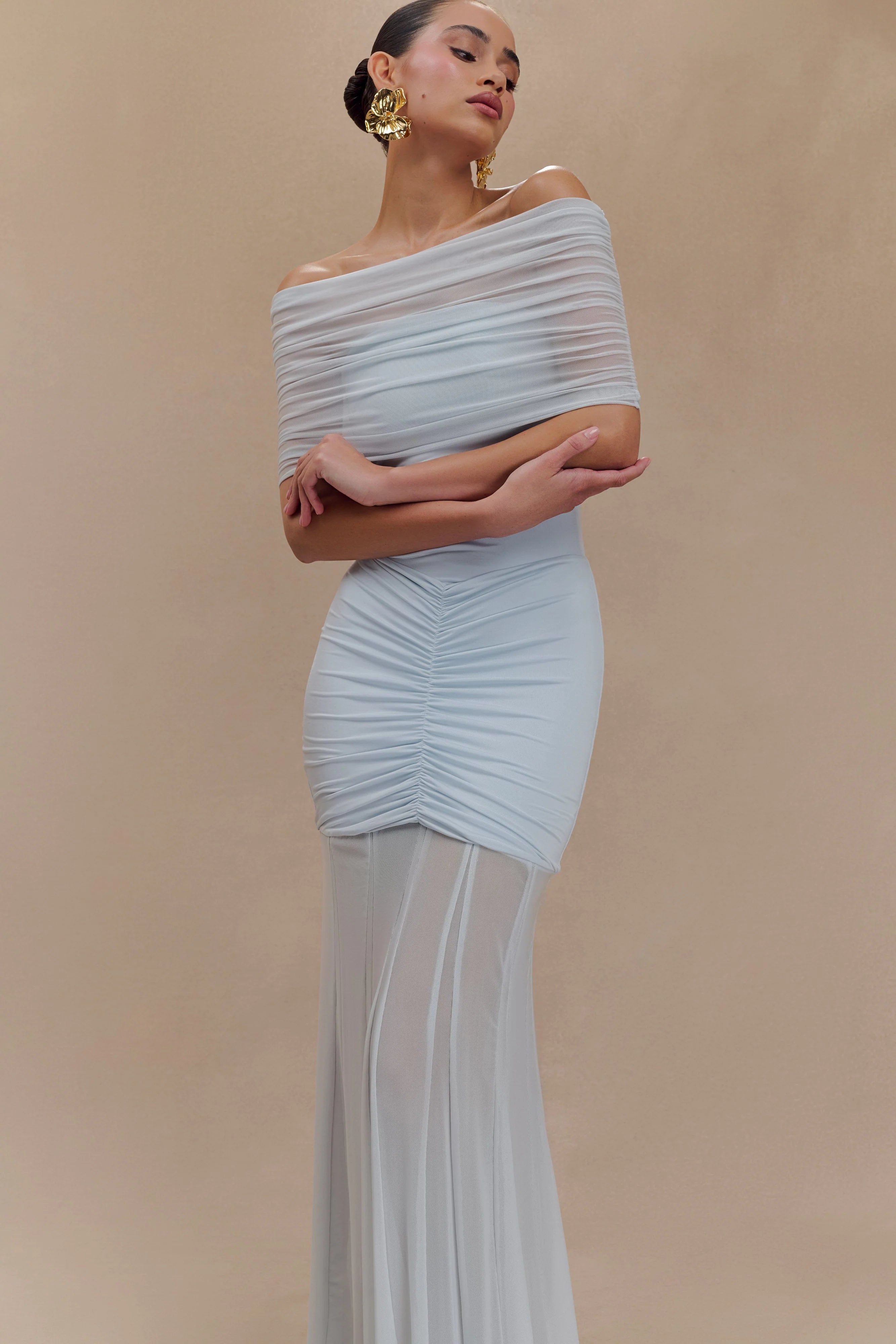 Caspian Slinky And Mesh Off Shoulder Maxi Dress Pale Blue