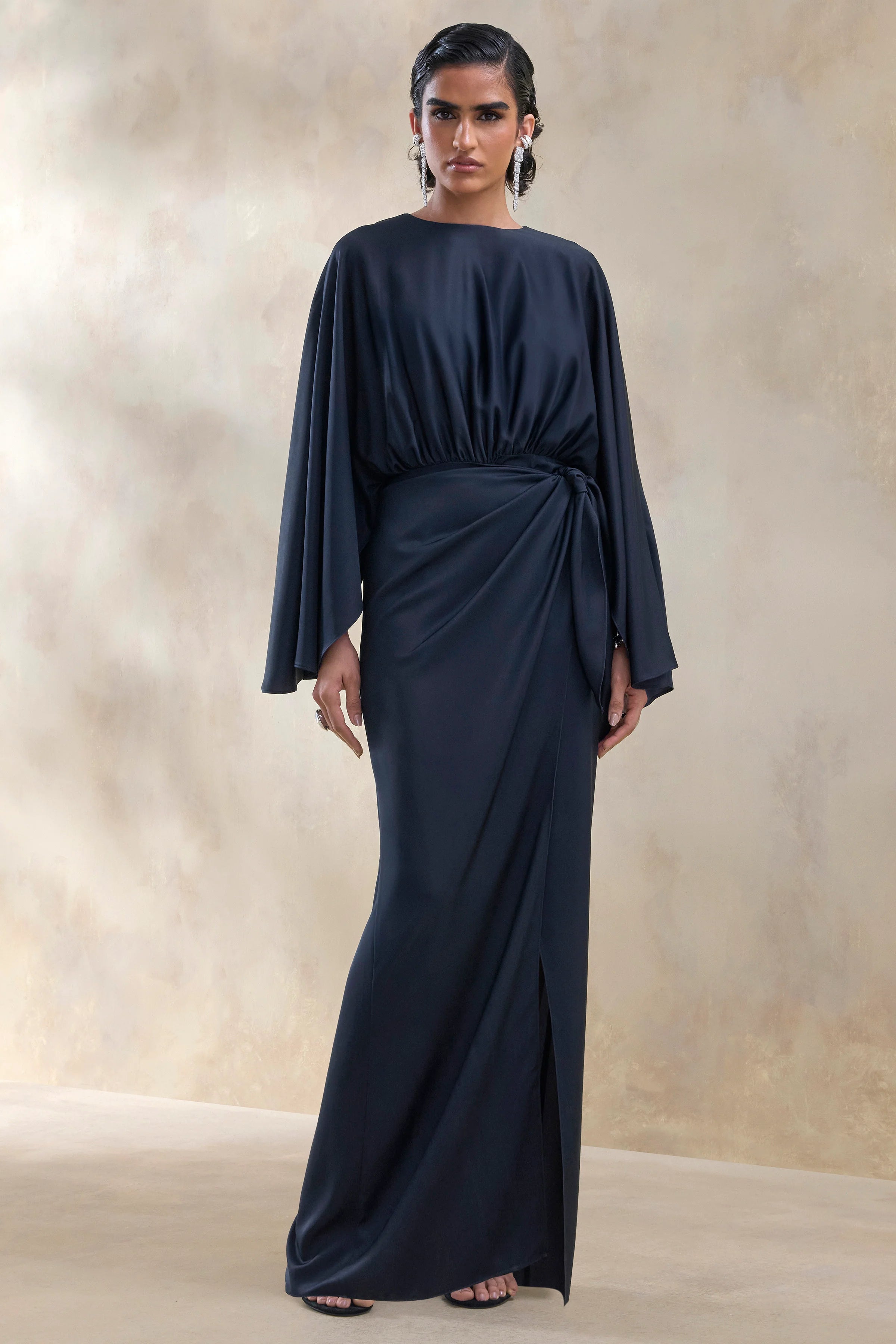 Delphina Navy Satin Maxi Dress With Gathered And Knot Detail