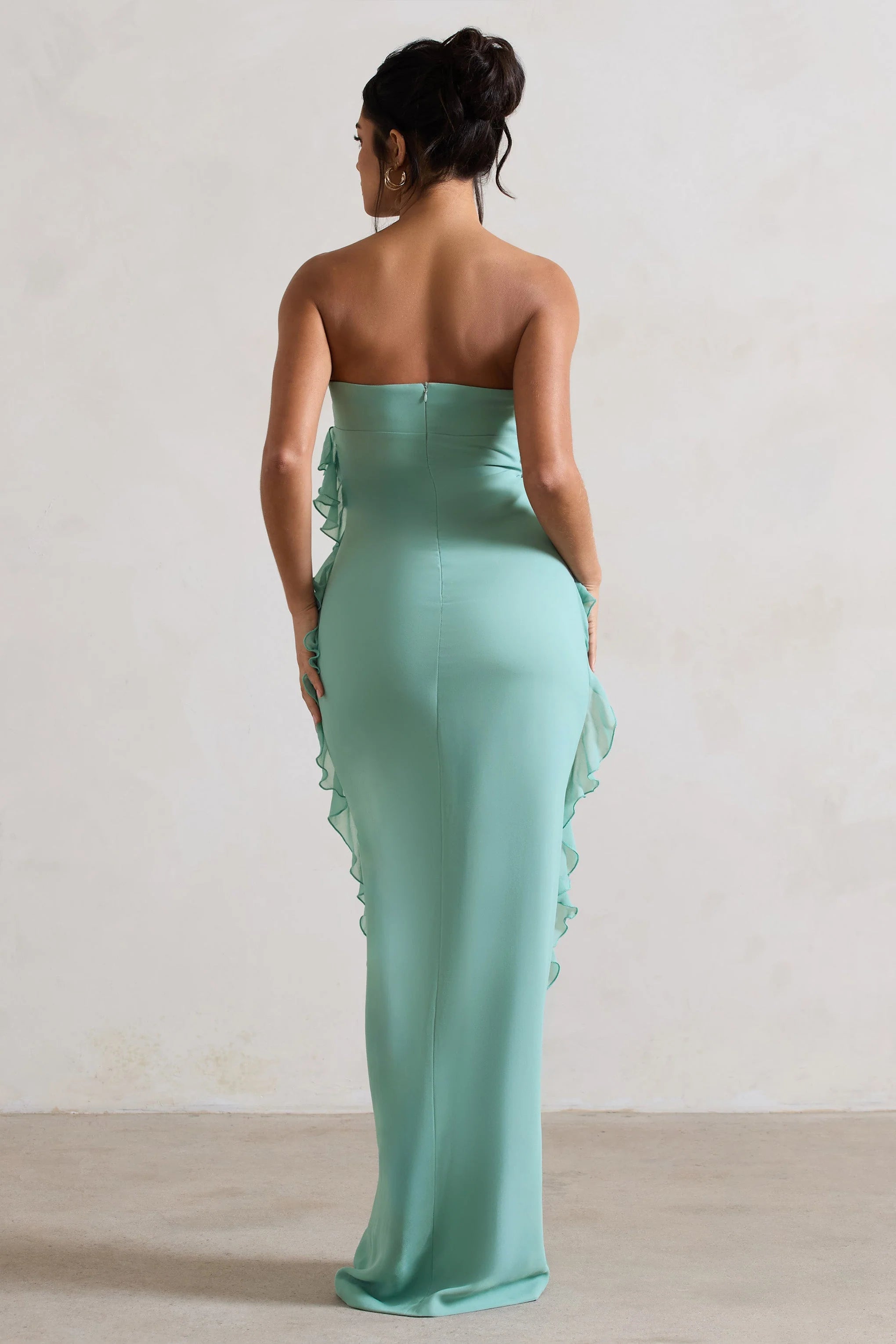 Gardenia Mint Green Strapless Ruffle Maxi Dress With Corsage