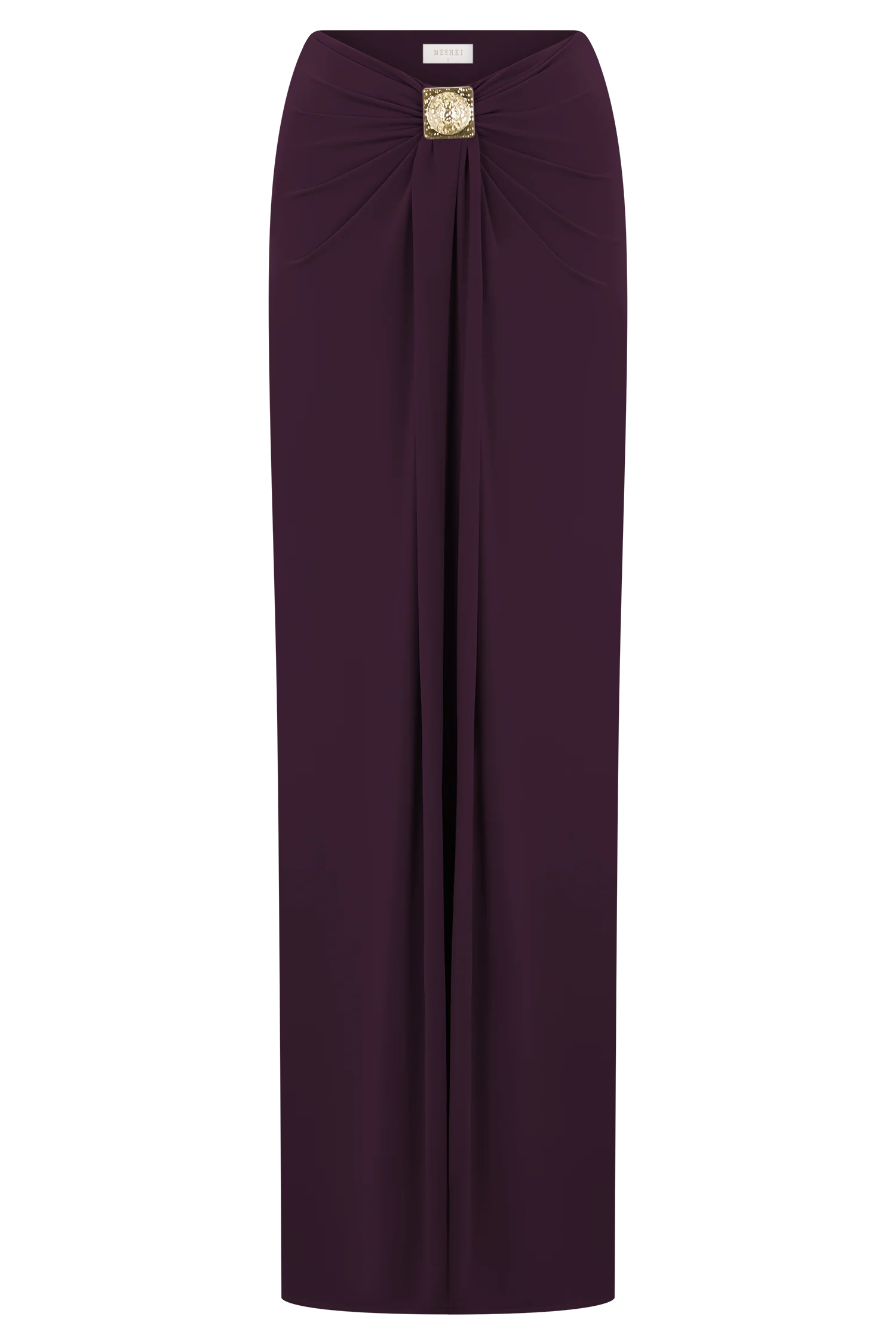Erina Slinky Ruched Maxi Skirt With Hardware Aubergine