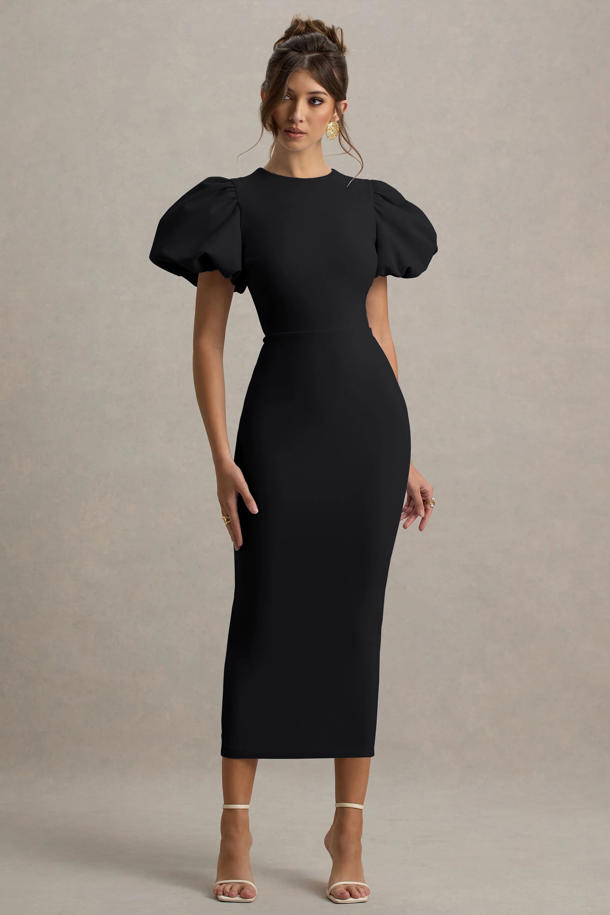 Dakota Black Puff Sleeve Midi Dress