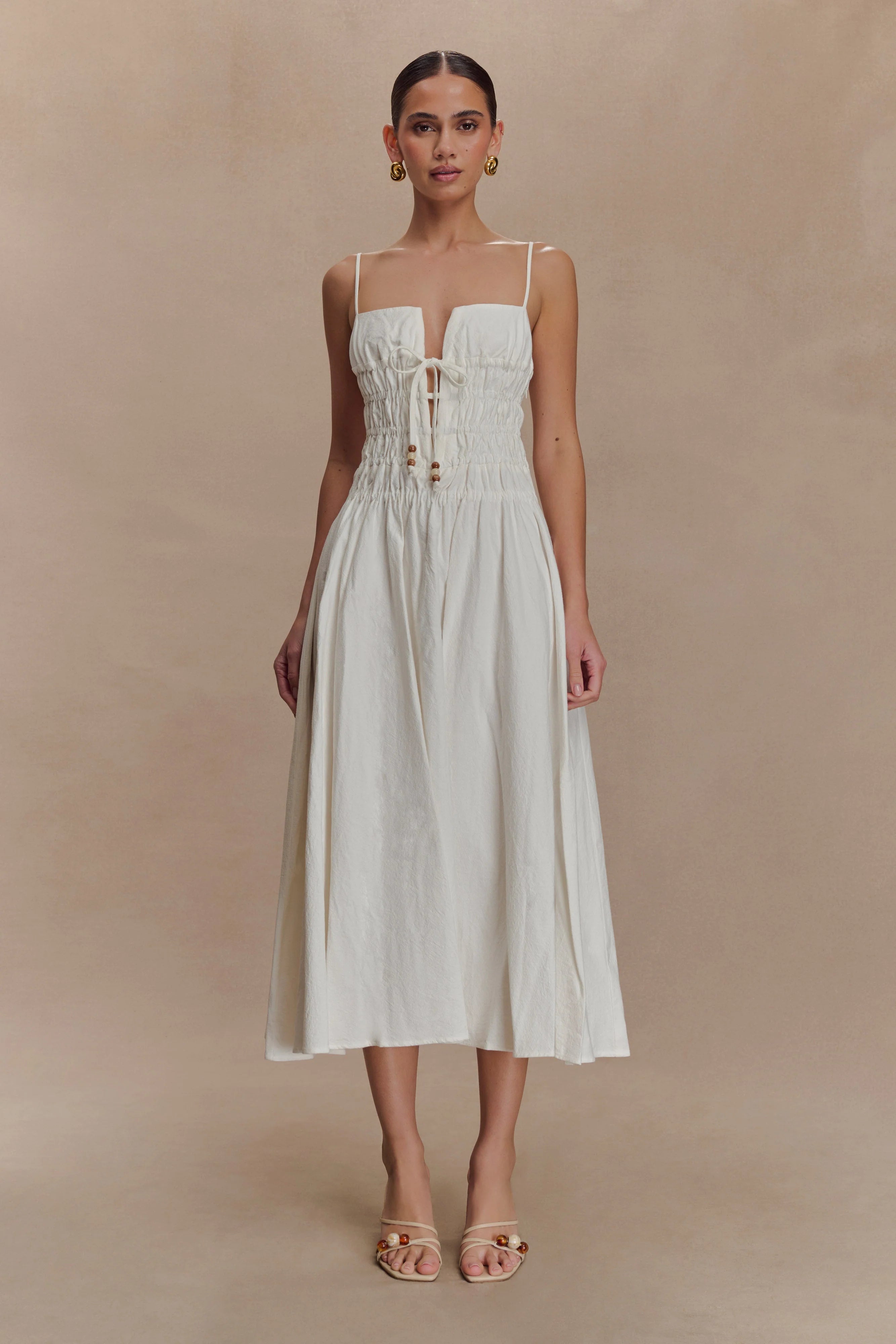 Elias Shirred Cotton Midi Dress White
