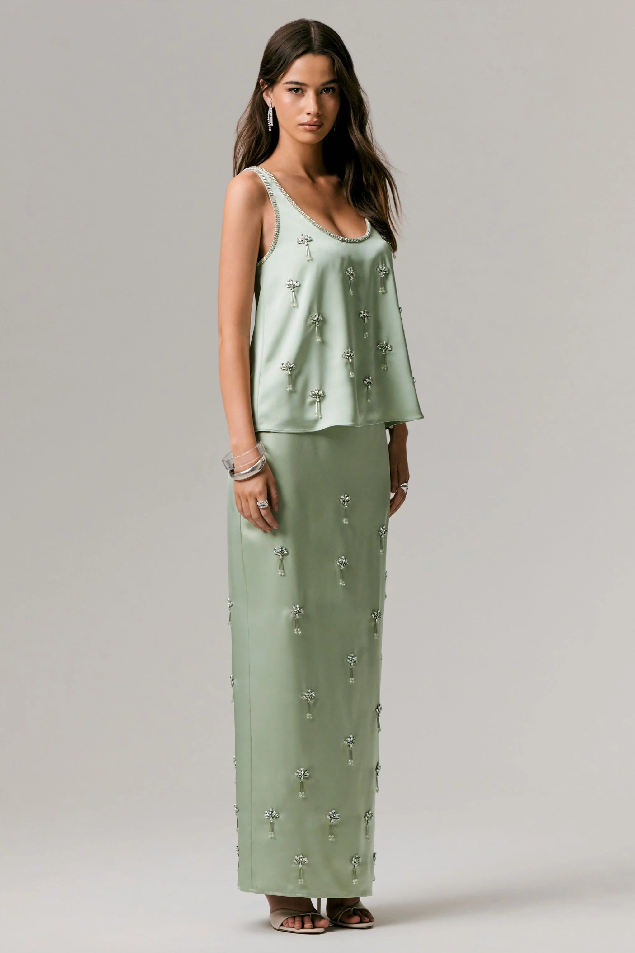 Lena Mint Satin Embellished Maxi Skirt