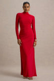 Alluring Red High Neck Maxi Dress With Ruched Detailing