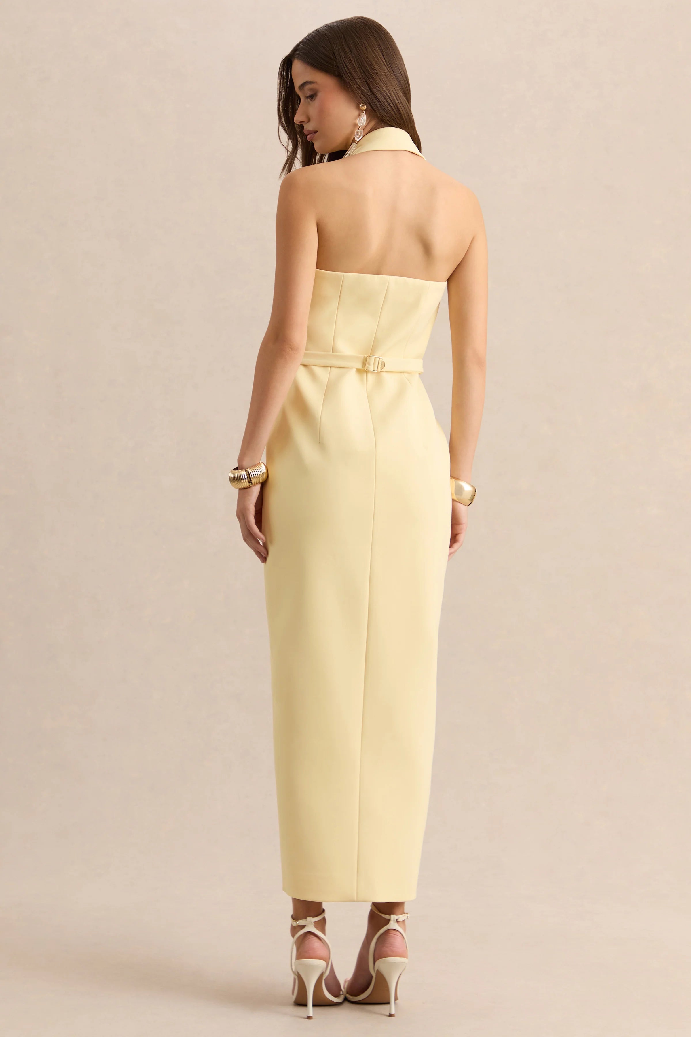 Hana Lemon Plunge Neck Tailored Maxi Dress