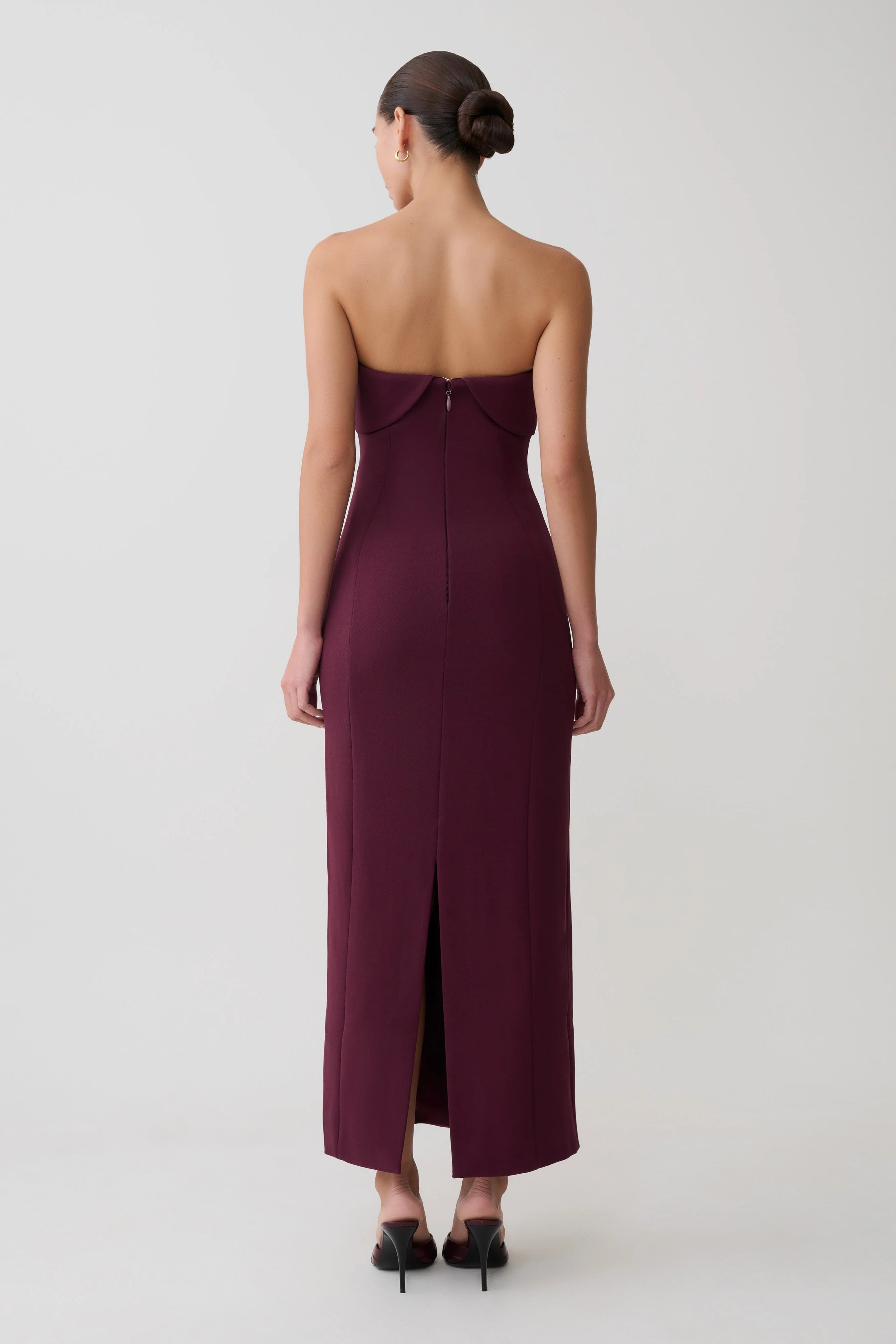 Cary Folded Strapless Crepe Midi Dress Wine