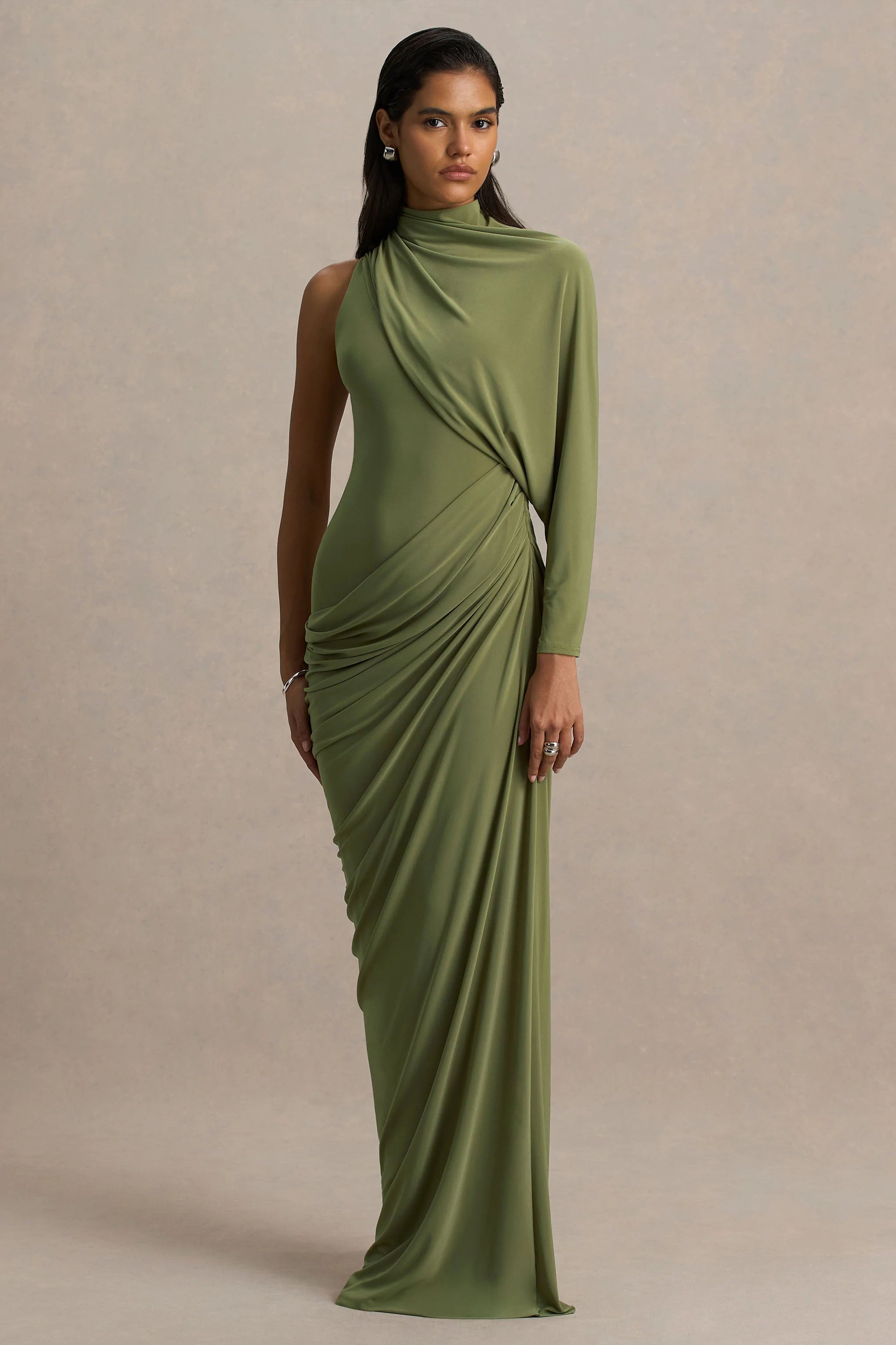 Aphra Green High Neck Maxi Dress With Cape Sleeve