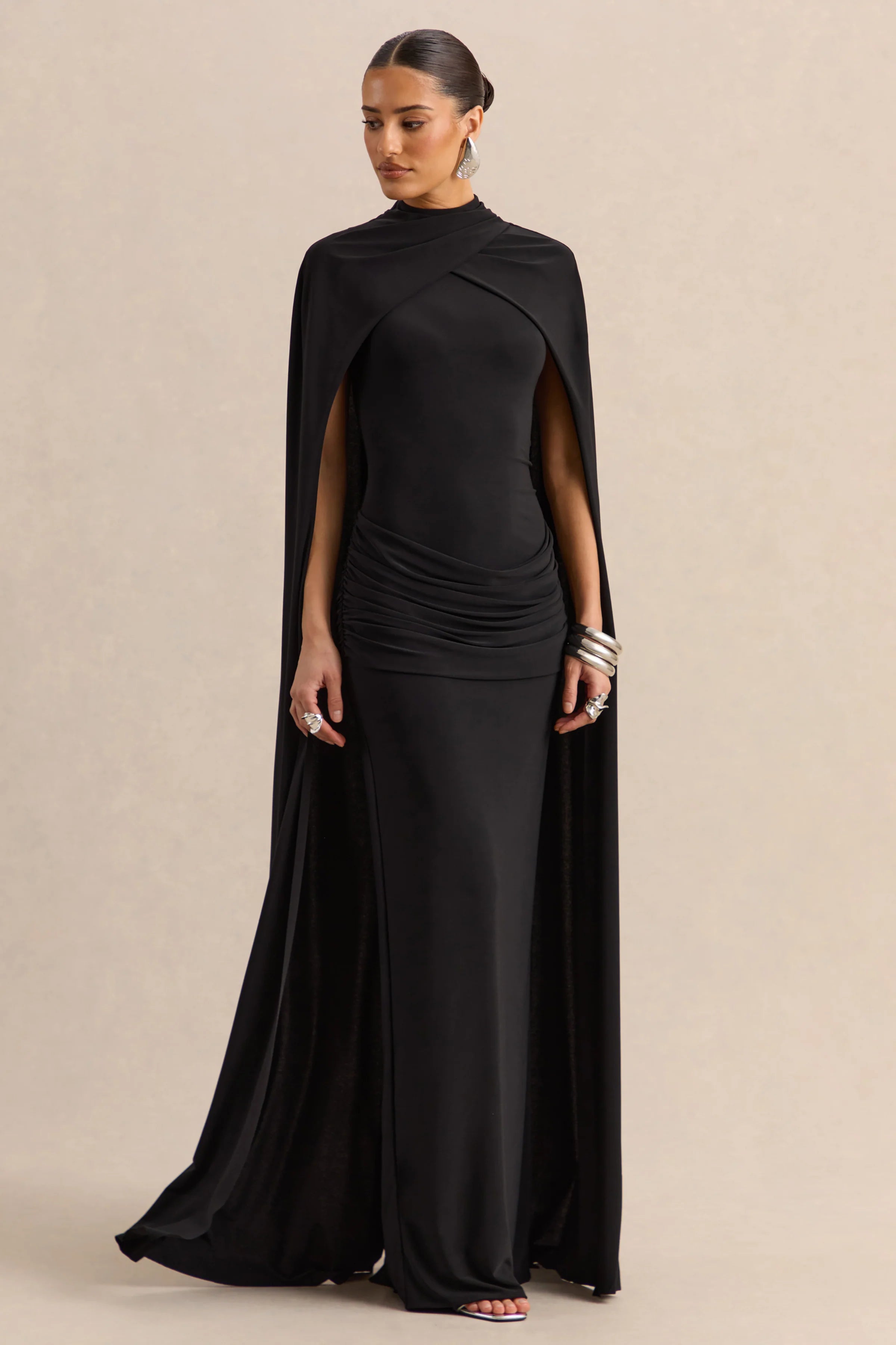 Dianelle Black High Neck Maxi Dress With Cape Sleeves