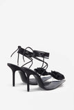 Sharpened Black Lace Up Clear Stiletto Heels With Diamante Flowers