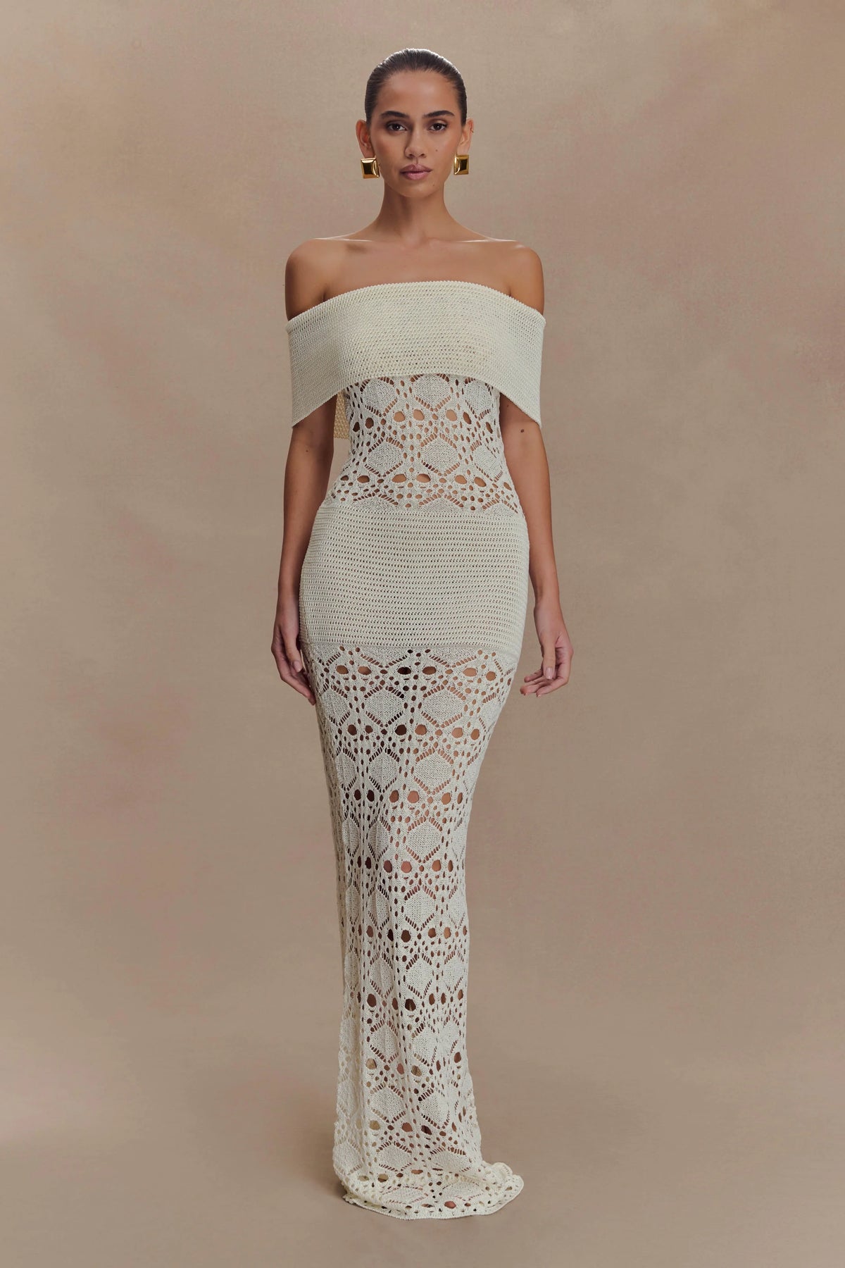 Solstice Off Shoulder Crochet Knit Maxi Dress Ivory