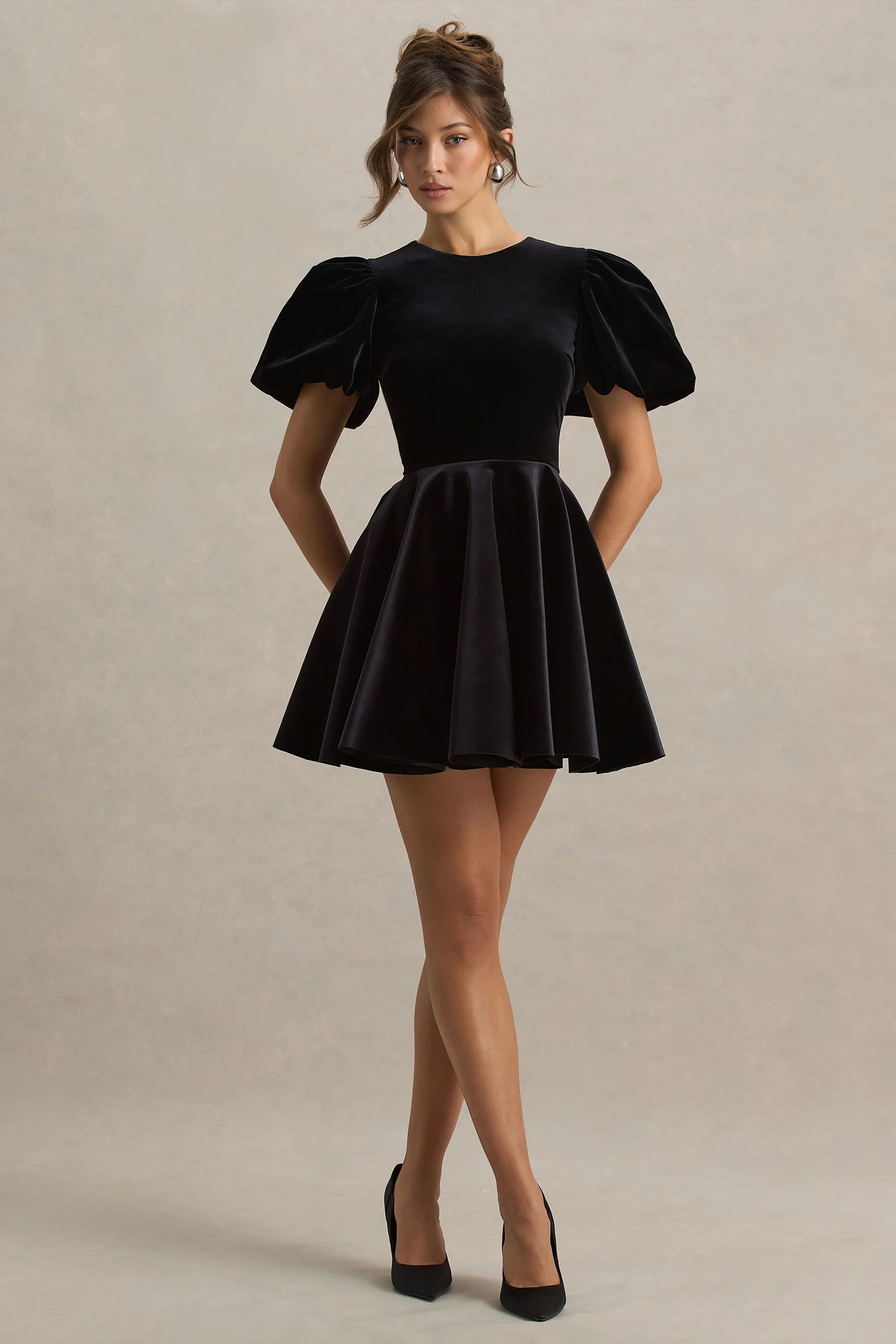 Priya Black Velvet Mini Dress With Puff Sleeves
