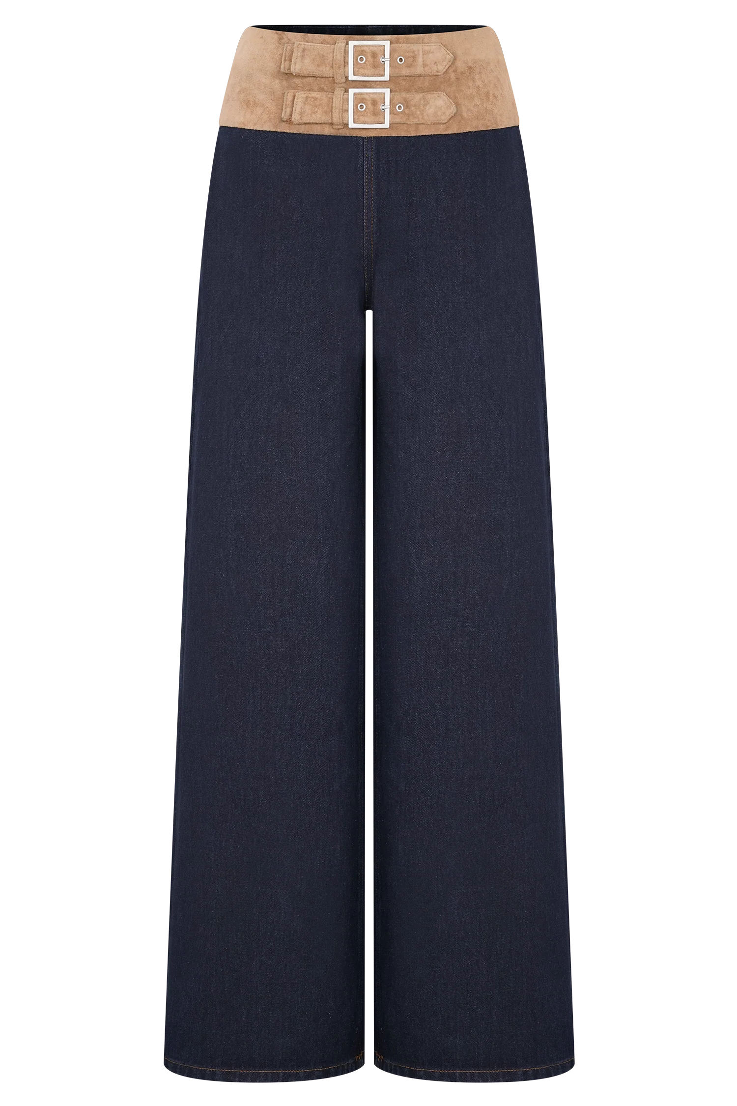 Miranda Faux Suede Belted Denim Wide Leg Jeans Indigo Blue