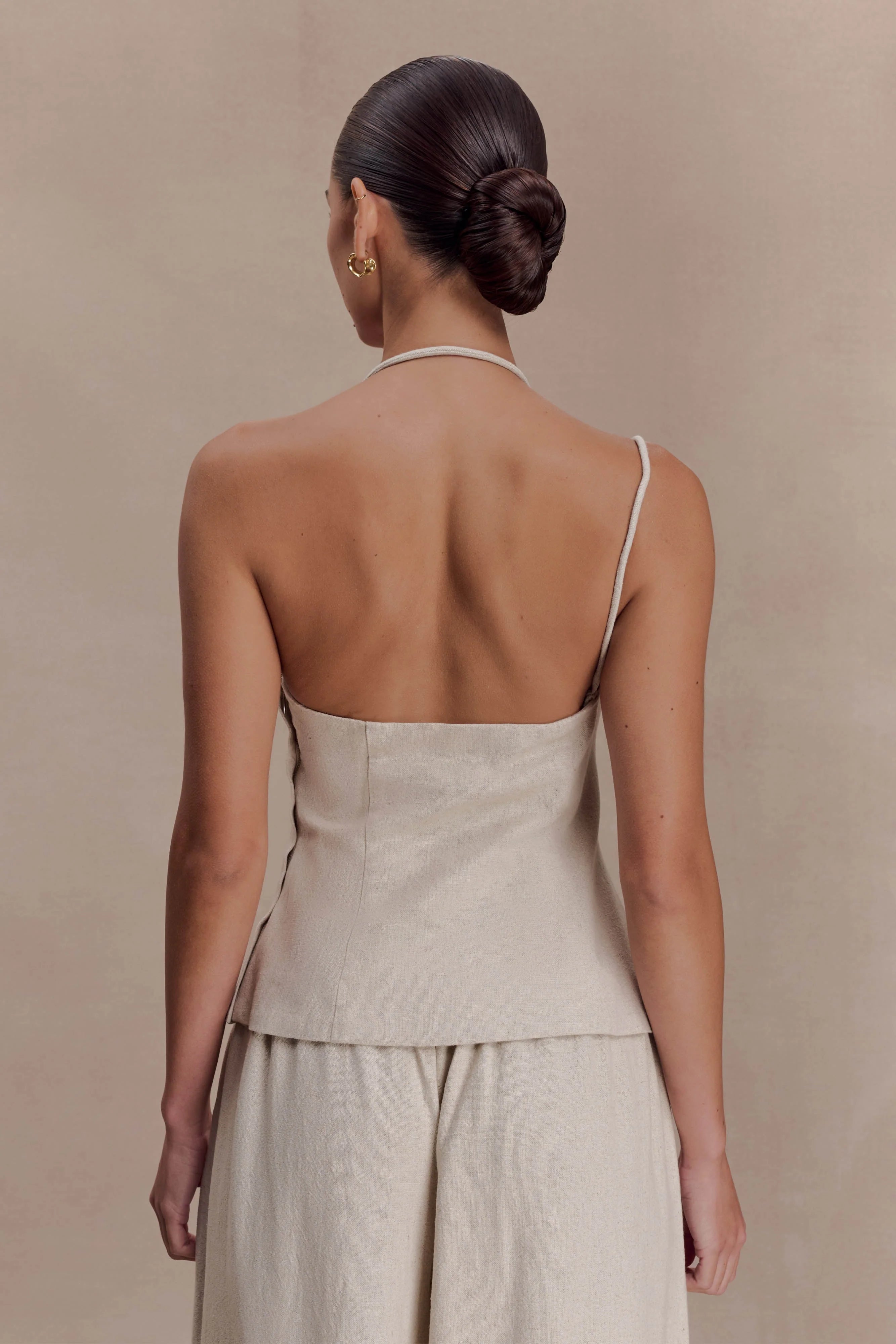 Gabby Asymmetrical Neckline Linen Beaded Top Natural