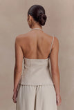 Gabby Asymmetrical Neckline Linen Beaded Top Natural