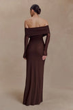Josie Off Shoulder Mesh Maxi Dress Dark Brown