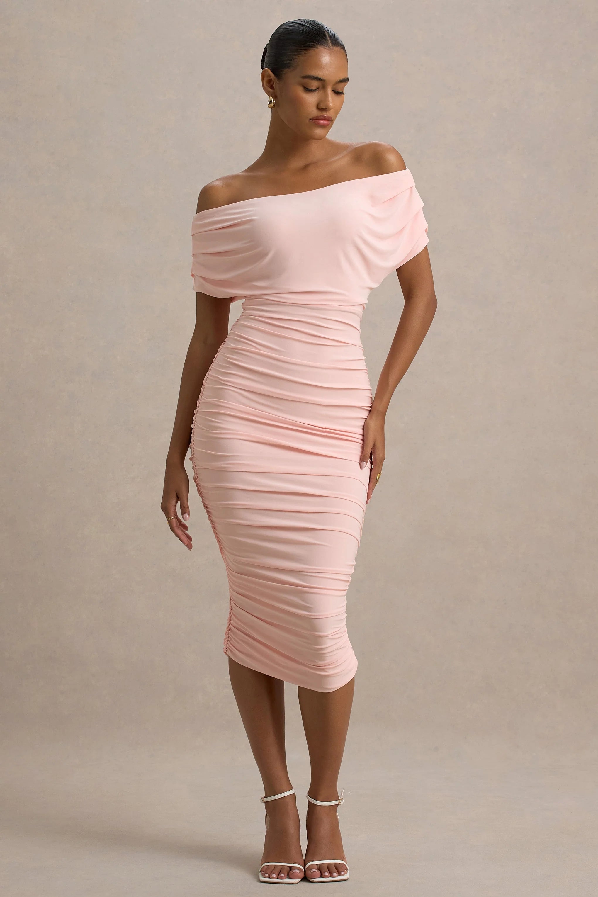 Rayleigh Pink Bardot Ruched Midi Dress