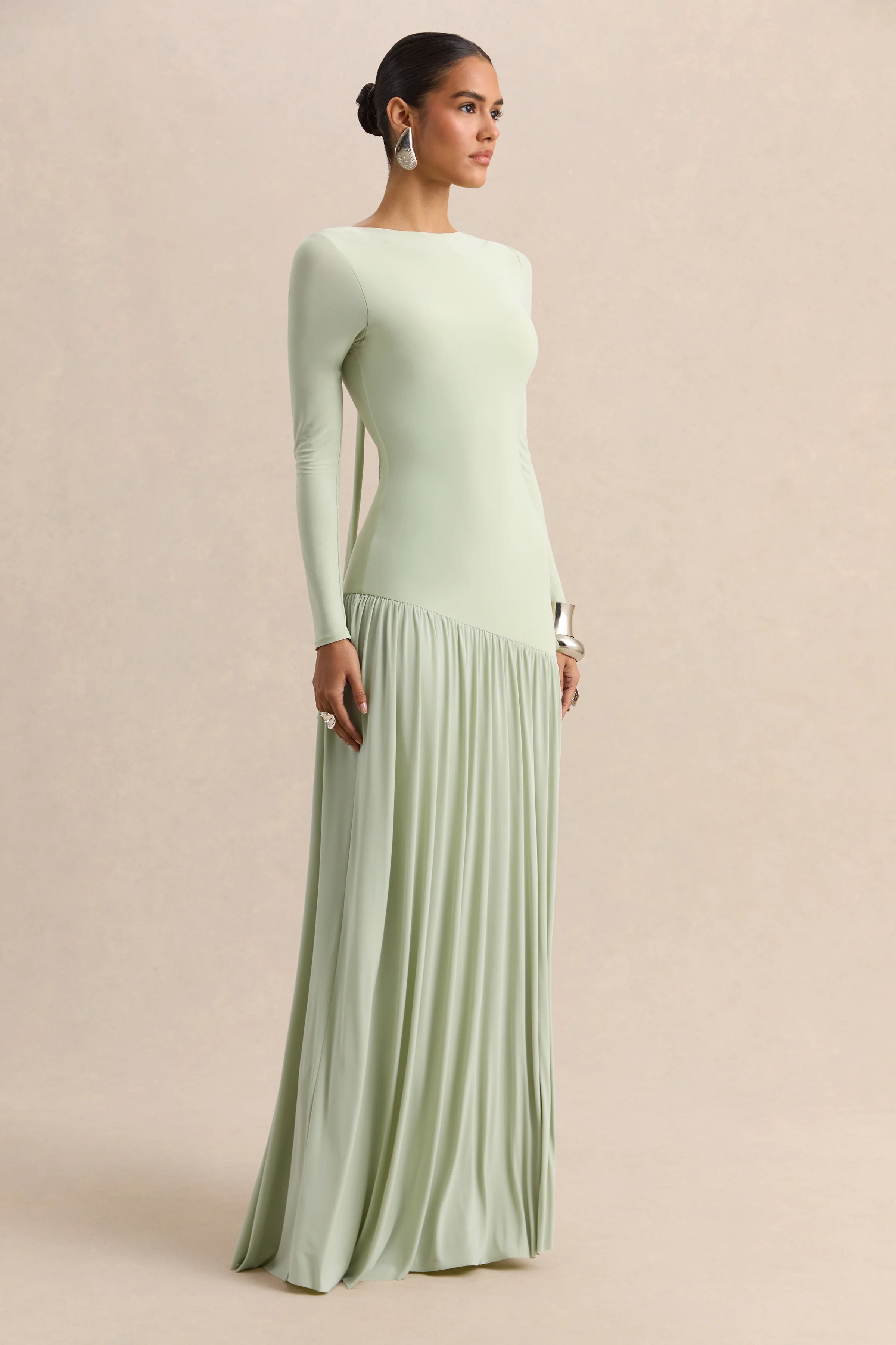 Jasira Mint Crew Neck Maxi Dress With Asymmetric Drop Waist