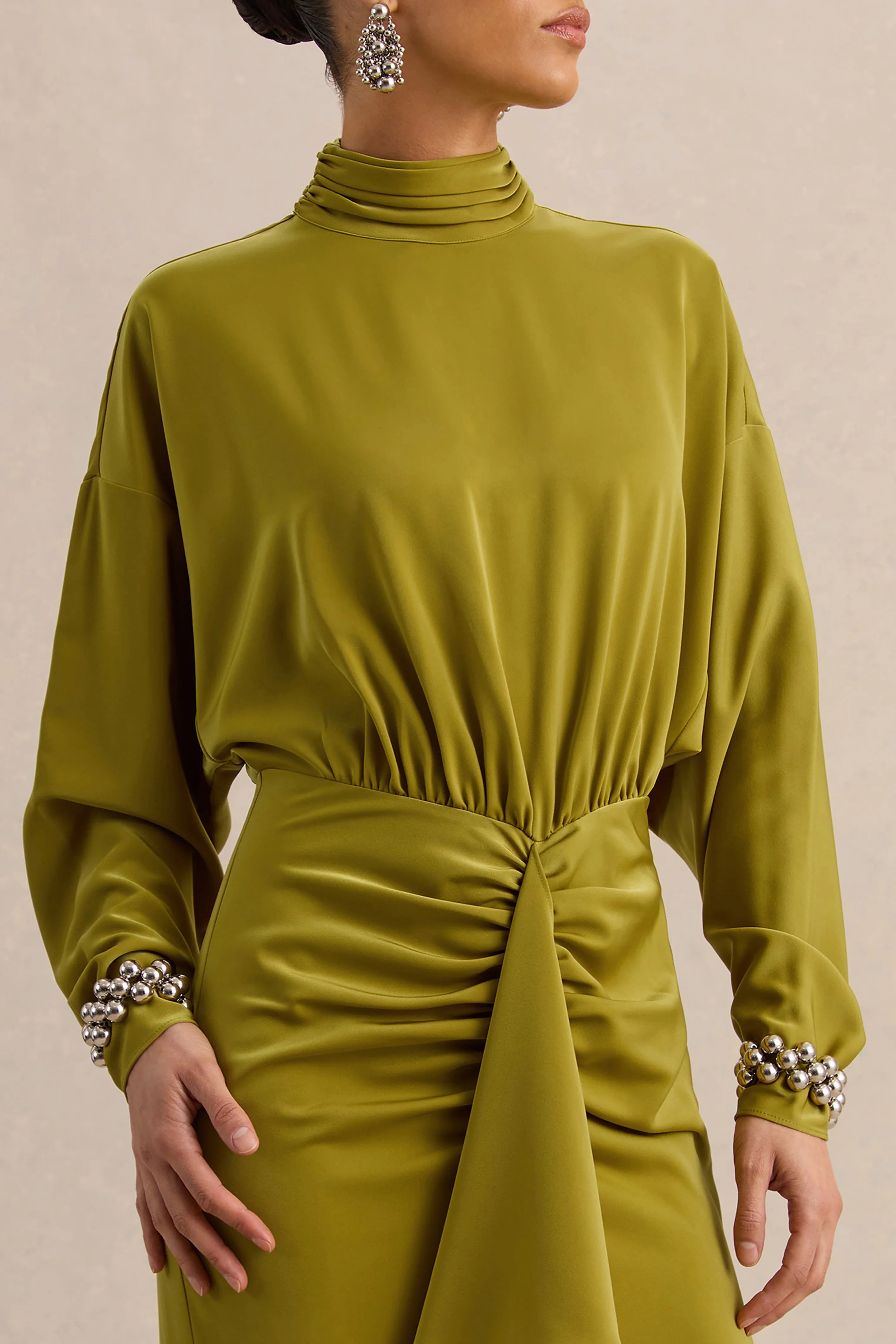 Perla Olive High Neck Maxi Dress With Gathered Detailing