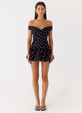 Endless Romance Off Shoulder Mini Dress Black Polkadot
