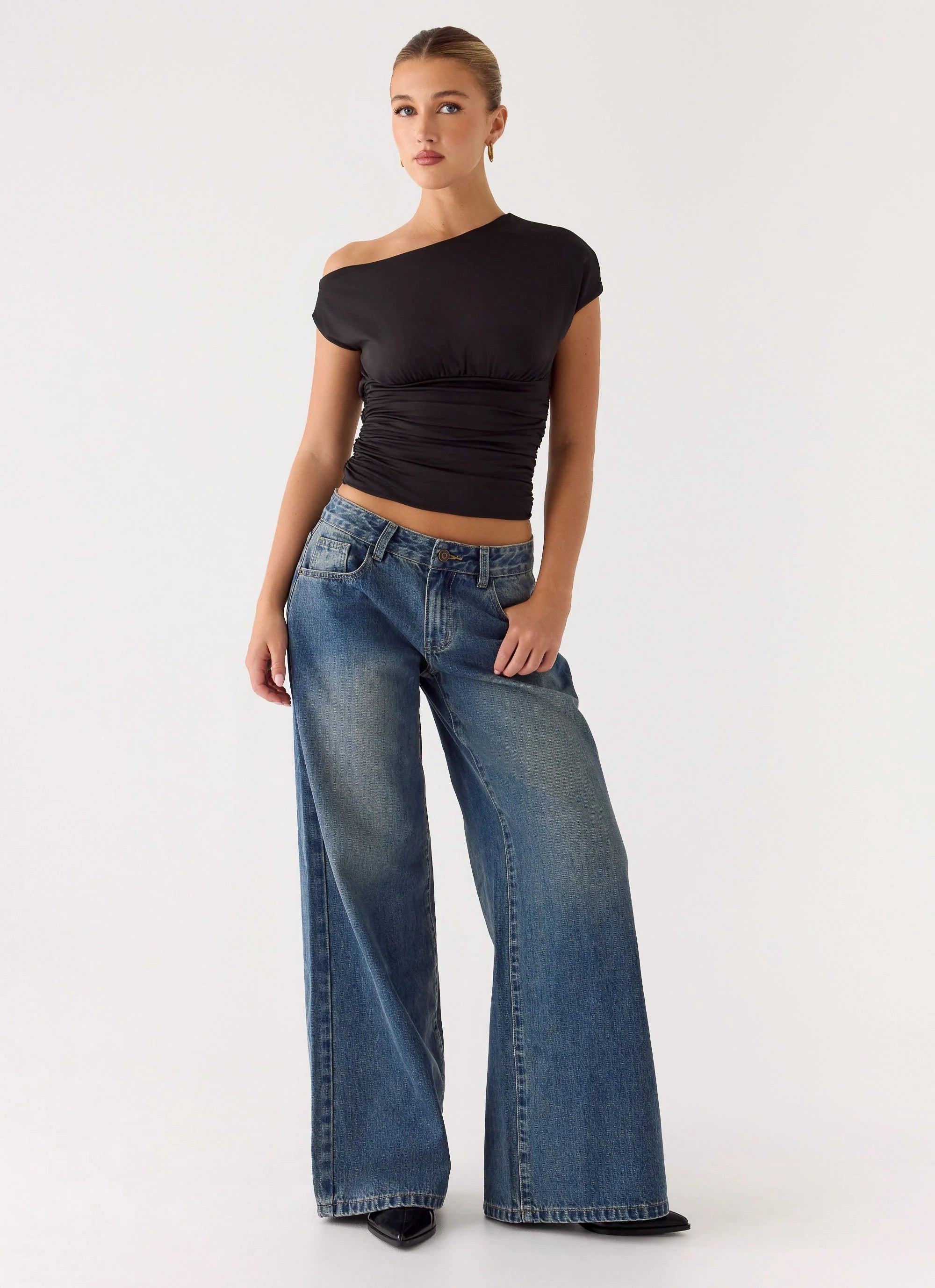 Neo Low Rise Wide Leg Denim Jeans Vintage Blue Bleach Wash