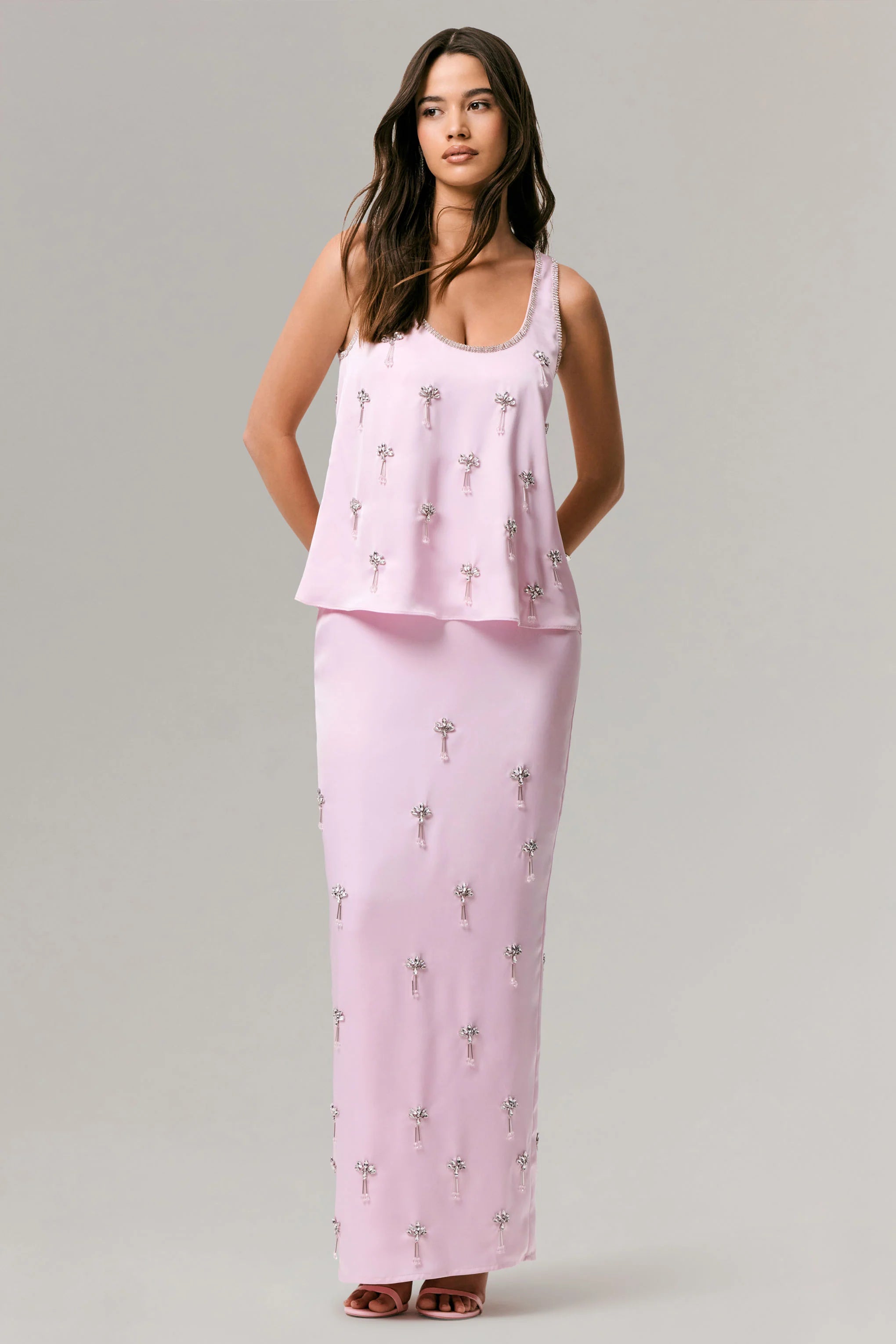 Lena Pink Satin Embellished Maxi Skirt