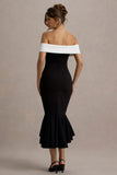 Corola Black White Bardot Volume Hem Midi Dress