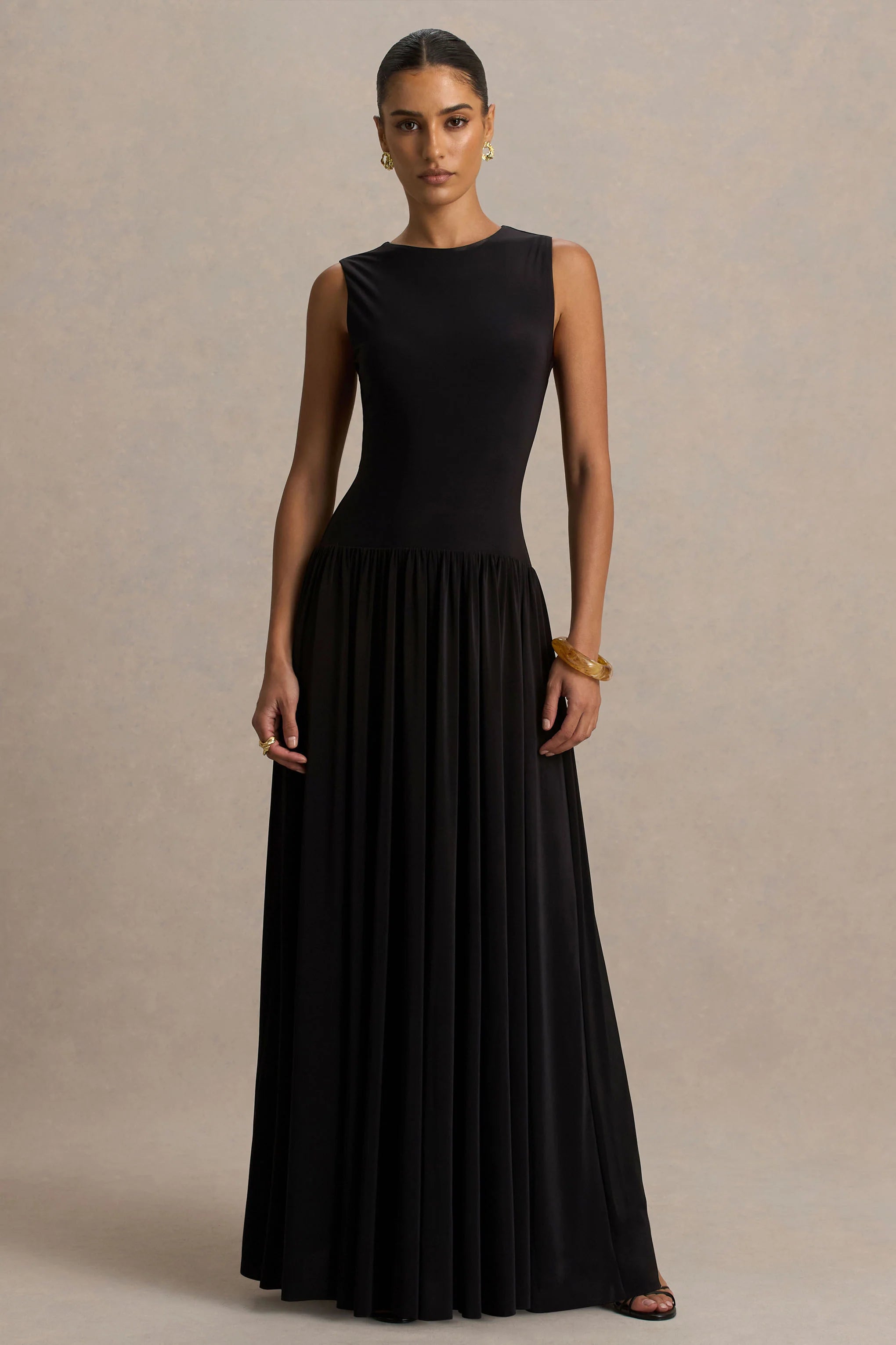 Rosalita Black Crew Neck Maxi Dress With Drop Waist