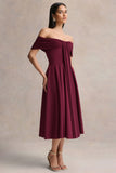 Dearest Burgundy Bardot Neck Midi Dress