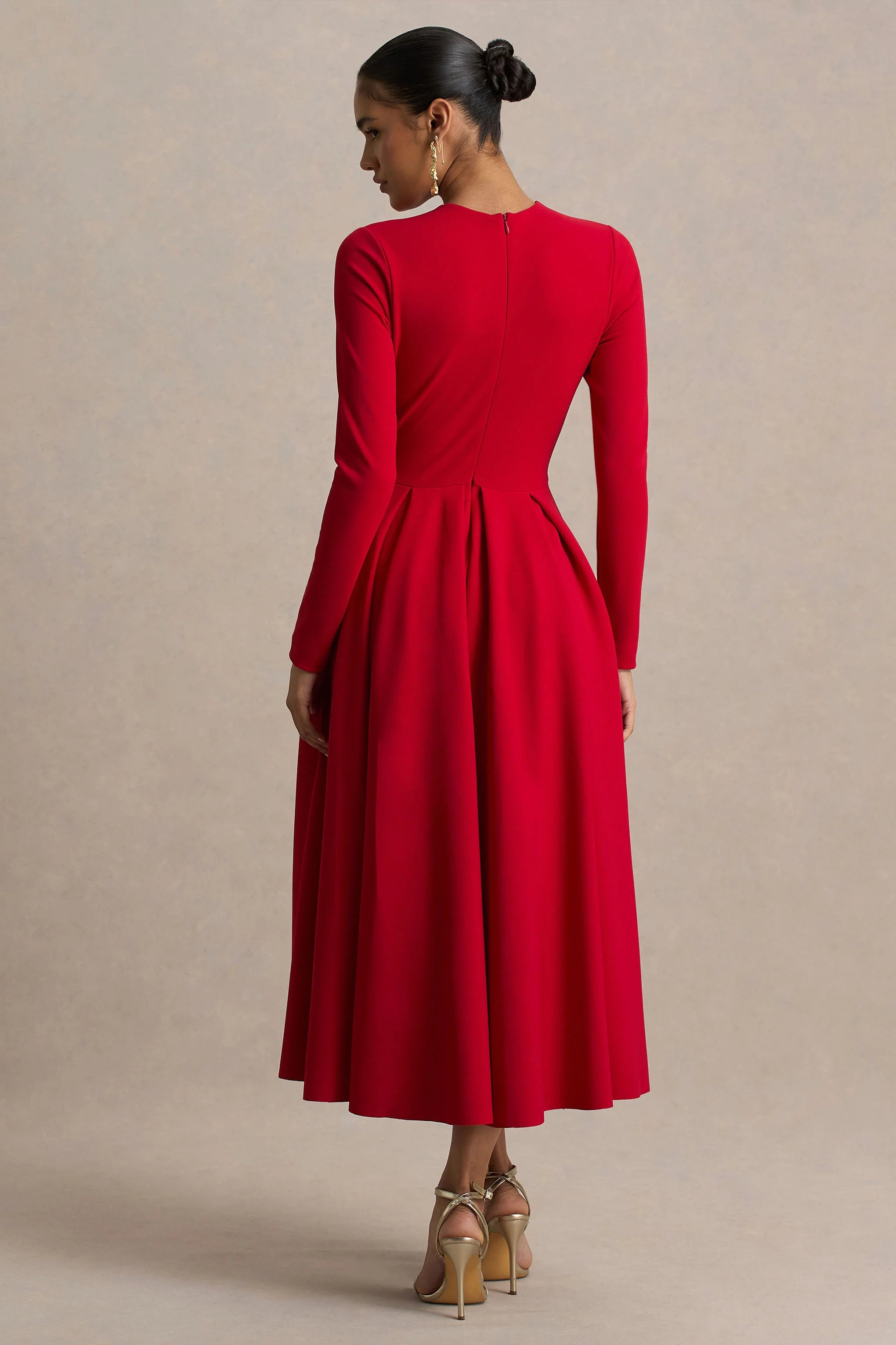 Bellamy Red Crew Neck Long Sleeve Midi Dress