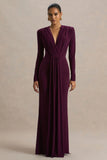 Flashy Burgundy Plunge Neck Maxi Dress With Ruched Detailing