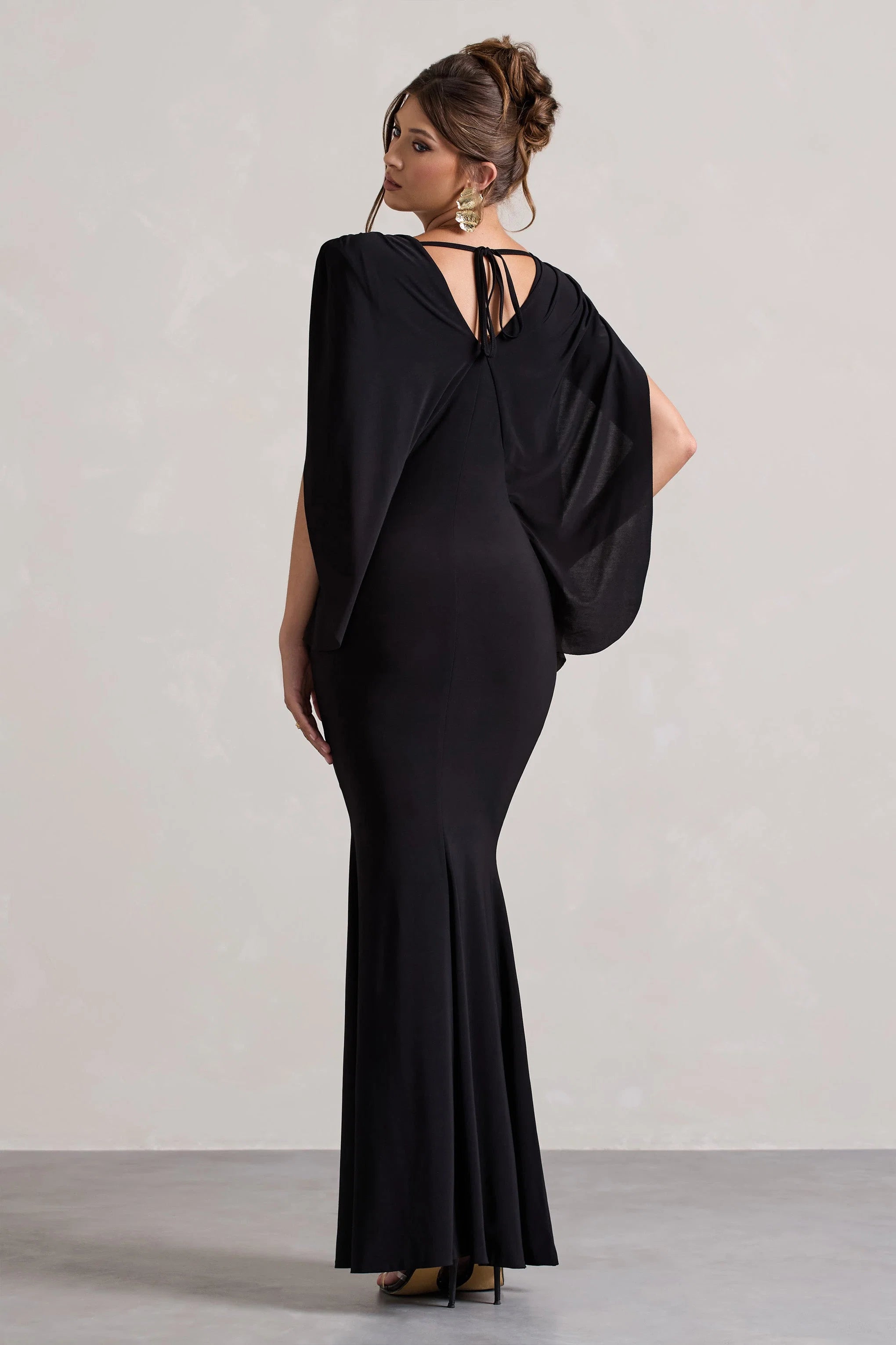Perry Black V Neck Cape Sleeve Split Maxi Dress