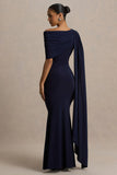 Tiana Navy Asymmetric Neck Maxi Dress With Drape Detail