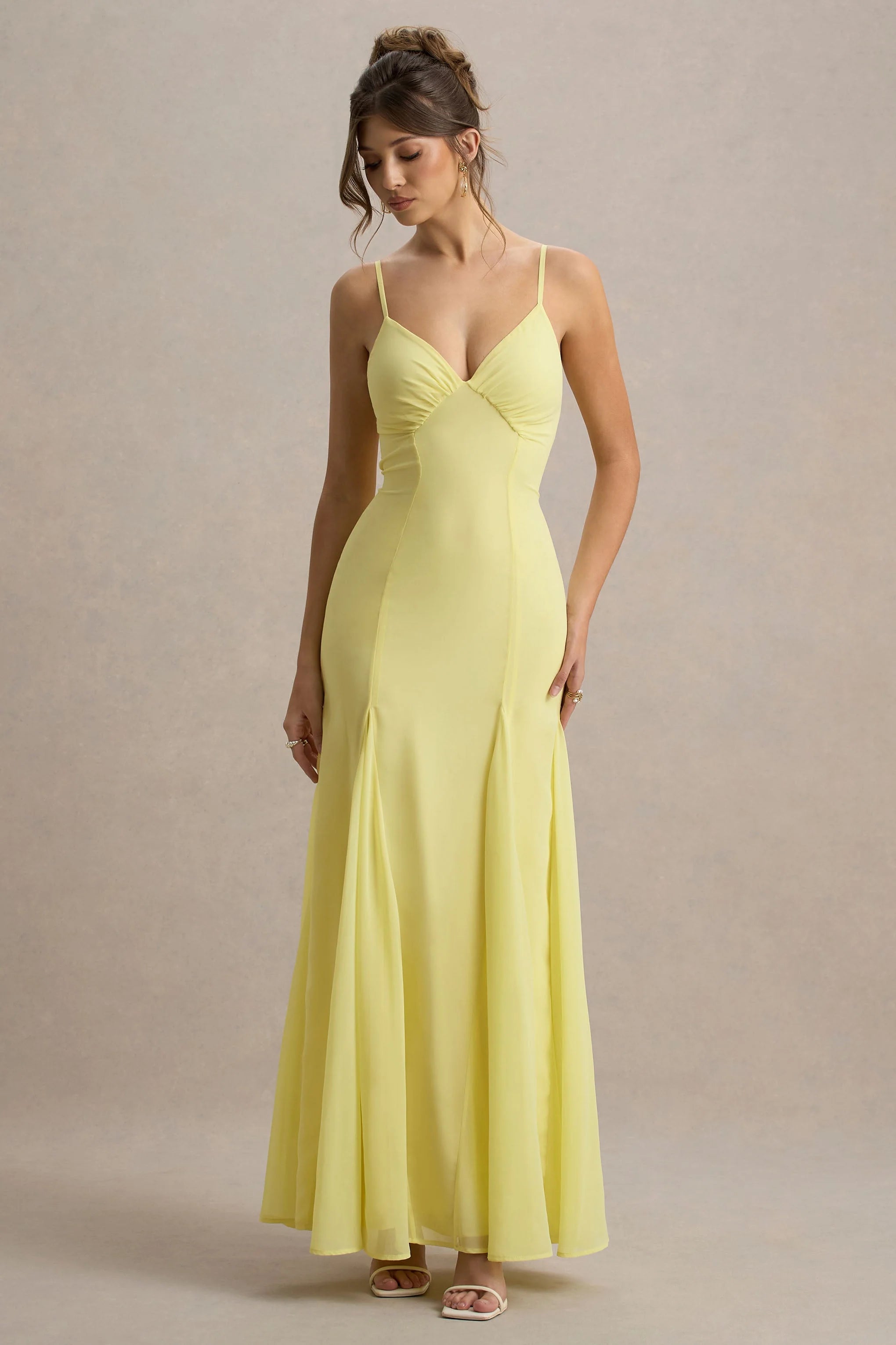 Massie Lemon Chiffon Strappy Maxi Dress With Volume Hem