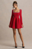 Astonish Red Long Sleeve Embellished Square Neck Mini Dress With Volume Skirt