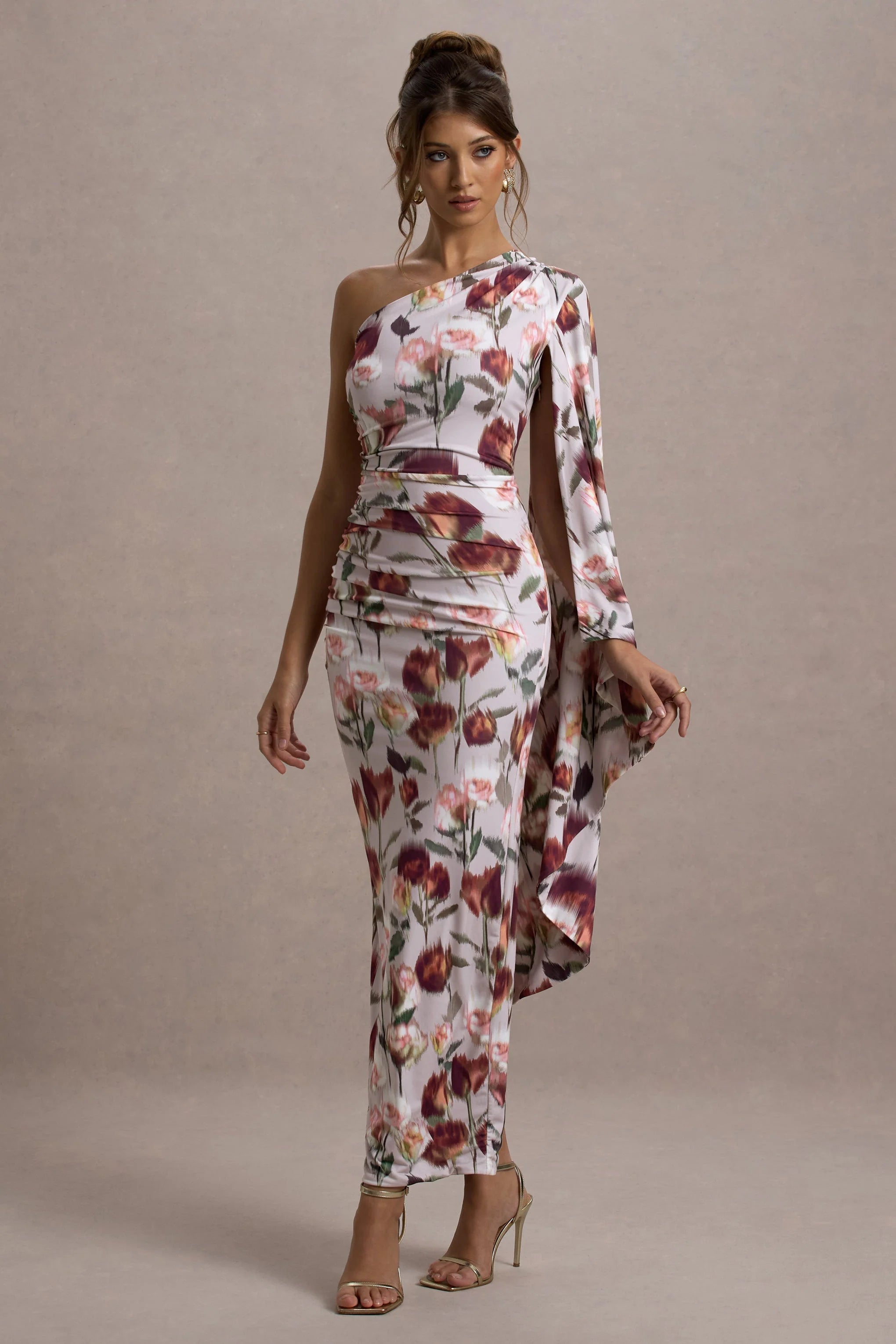 Clementina Cream Floral Print Asymmetric Cape Sleeve Maxi Dress