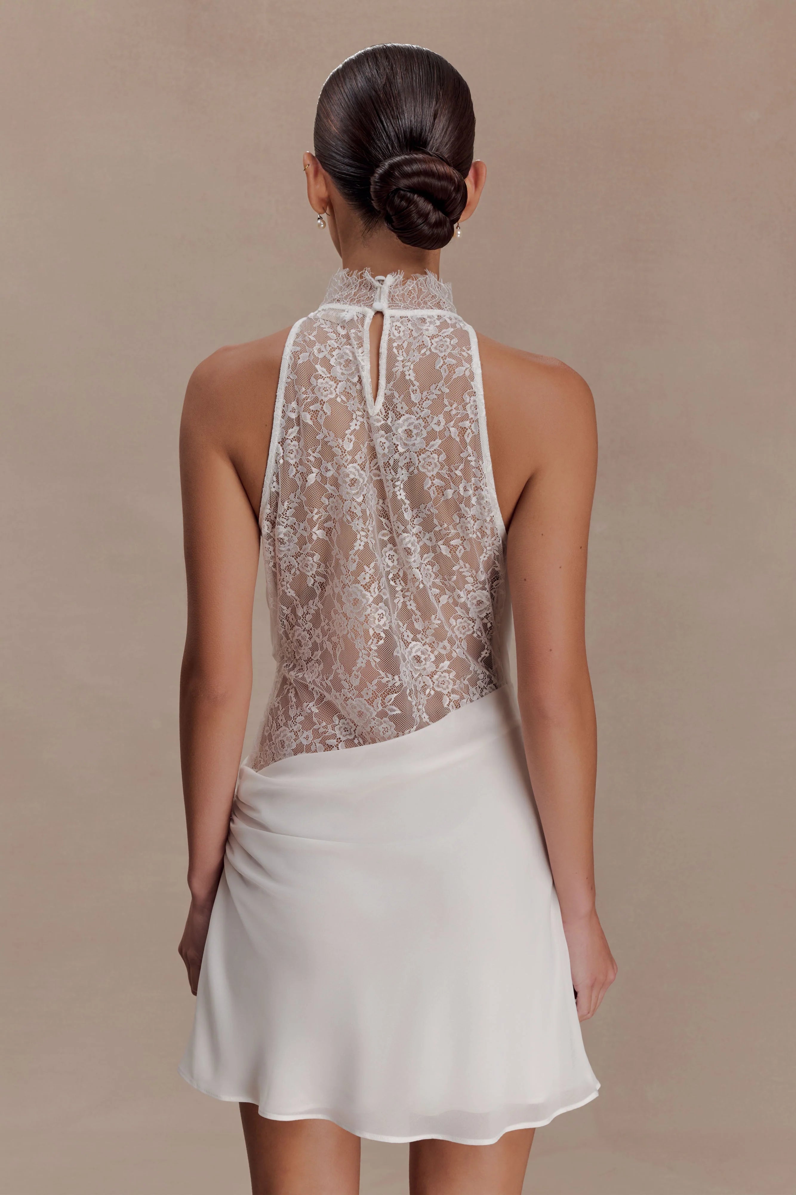 Arra Chiffon And Lace Halter Mini Dress White
