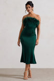One And Only Bottle Green Satin Feather Trim Bandeau Midi Dress