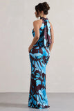 Adoria Floral Print Satin High Neck Maxi Dress