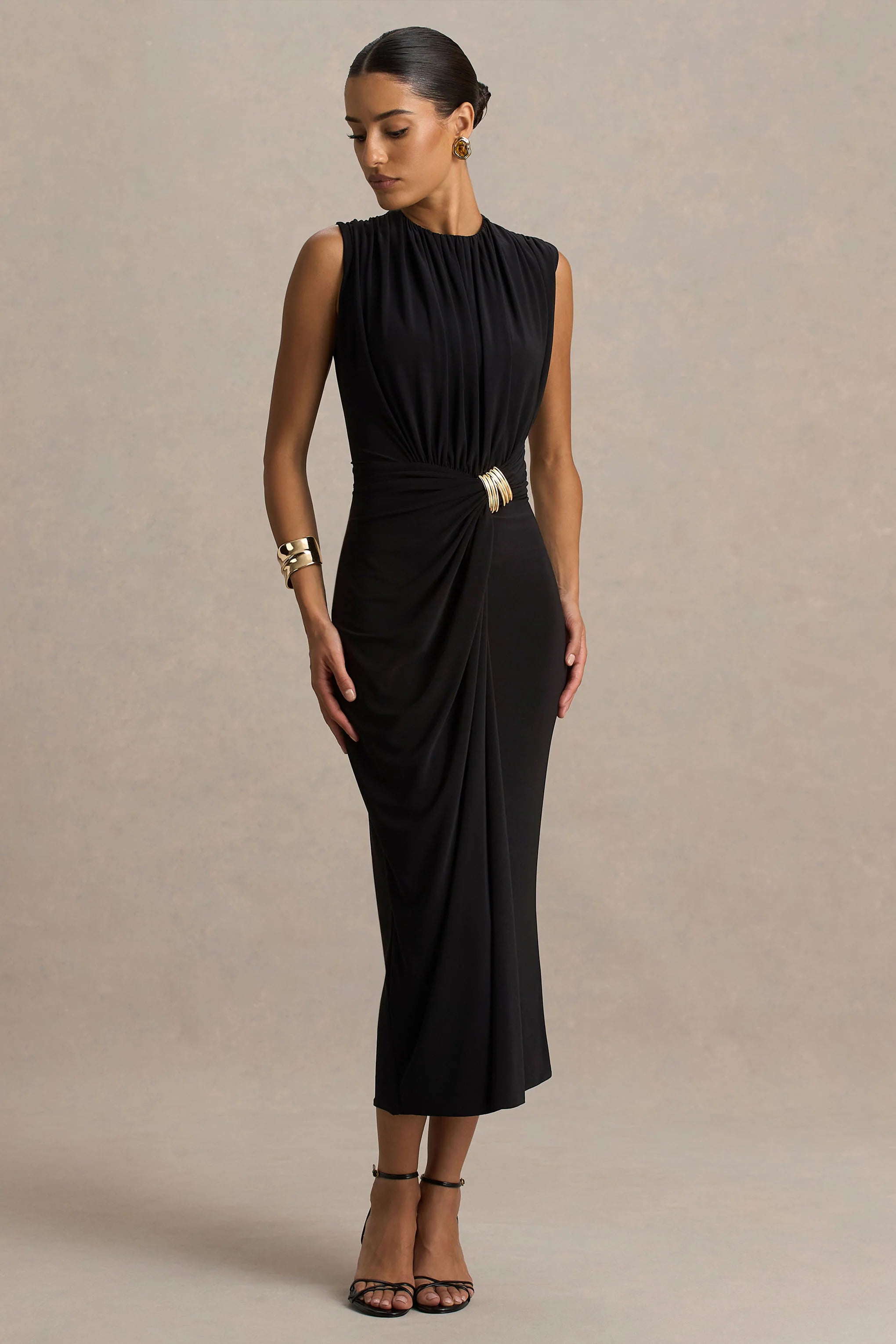 Harlow Black Crew Neck Wrapped Midi Dress