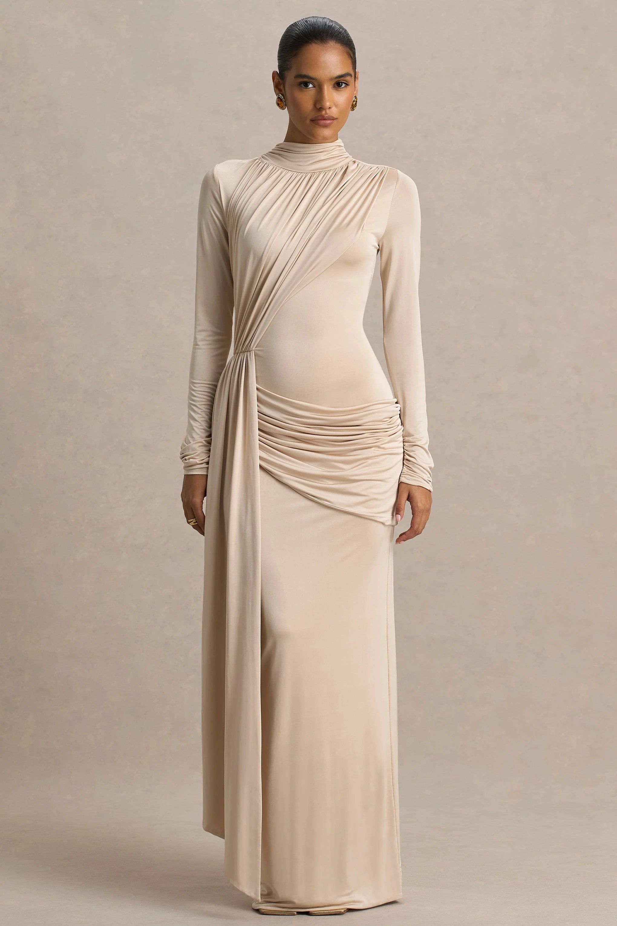 Romi Champagne High Neck Maxi Dress With Ruched Detailing