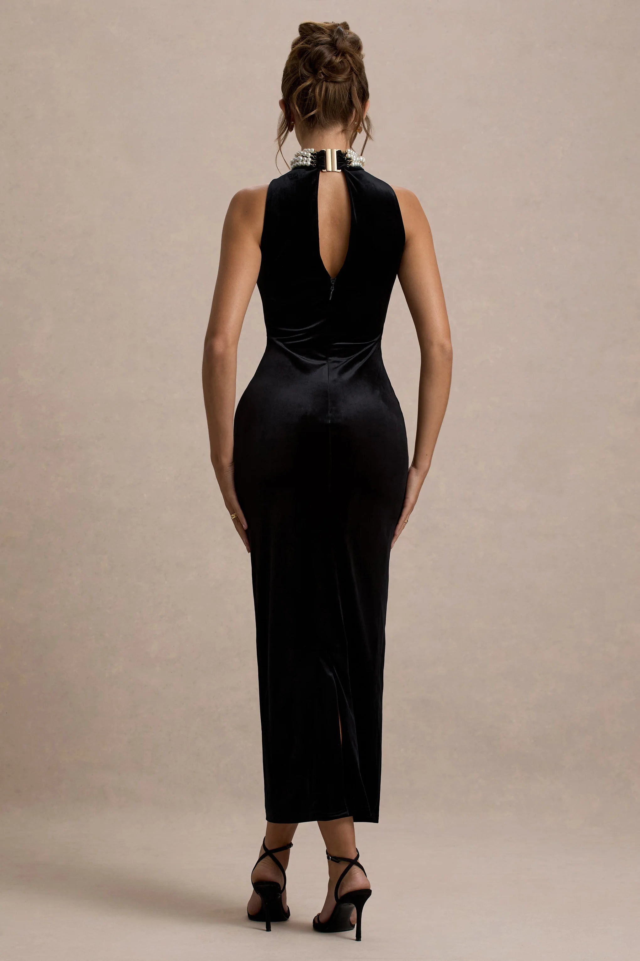 Audrine Black Velvet Embellished High Neck Maxi Dress