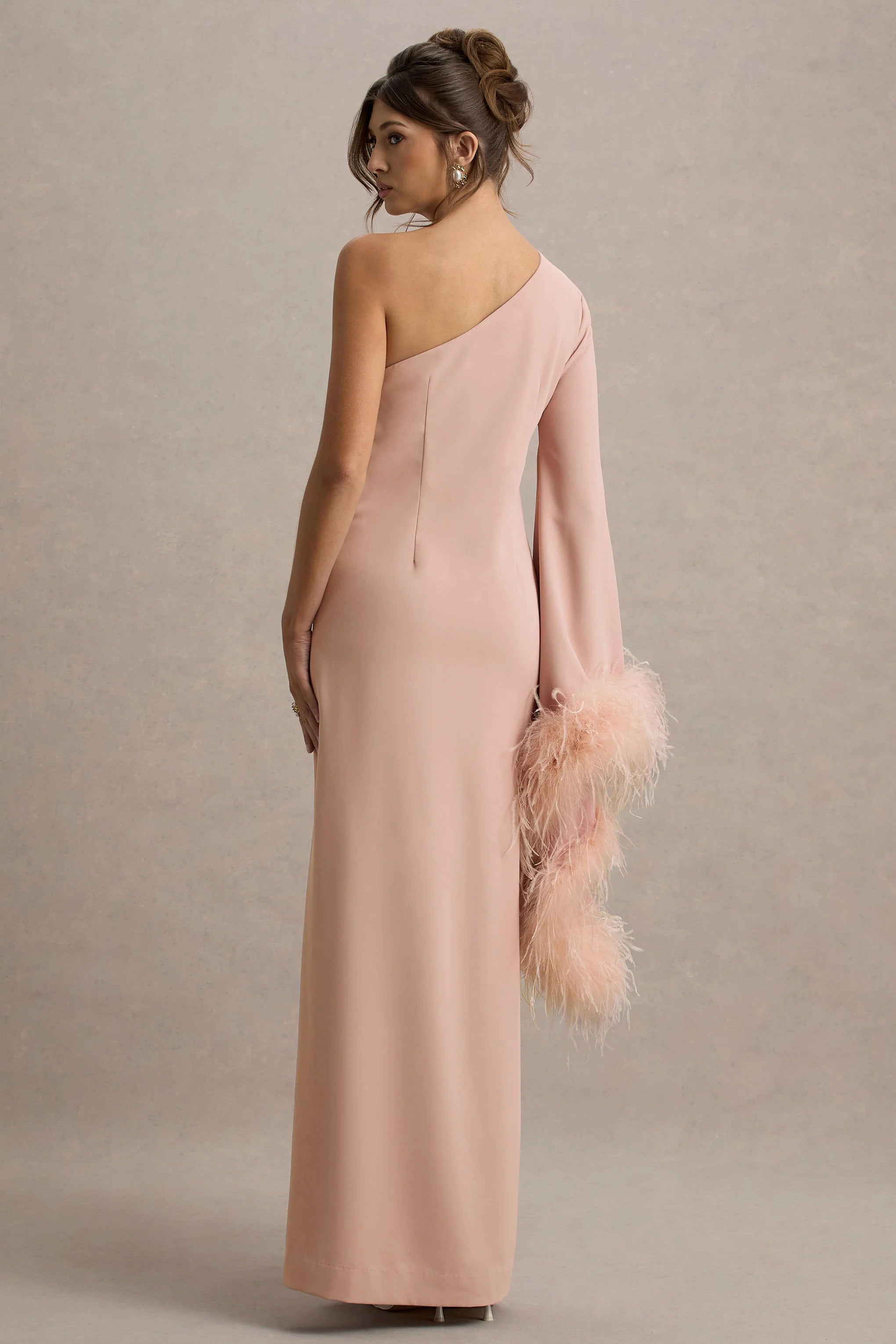 Armina Blush Pink One Shoulder Feather Trim Maxi Dress