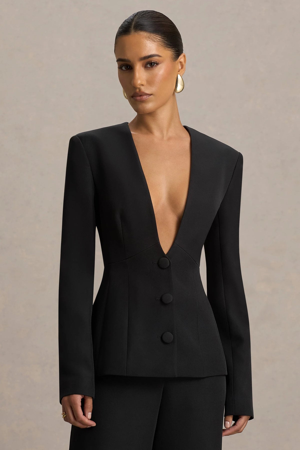 Rosalina Black Extreme Plunge Neck Tailored Blazer