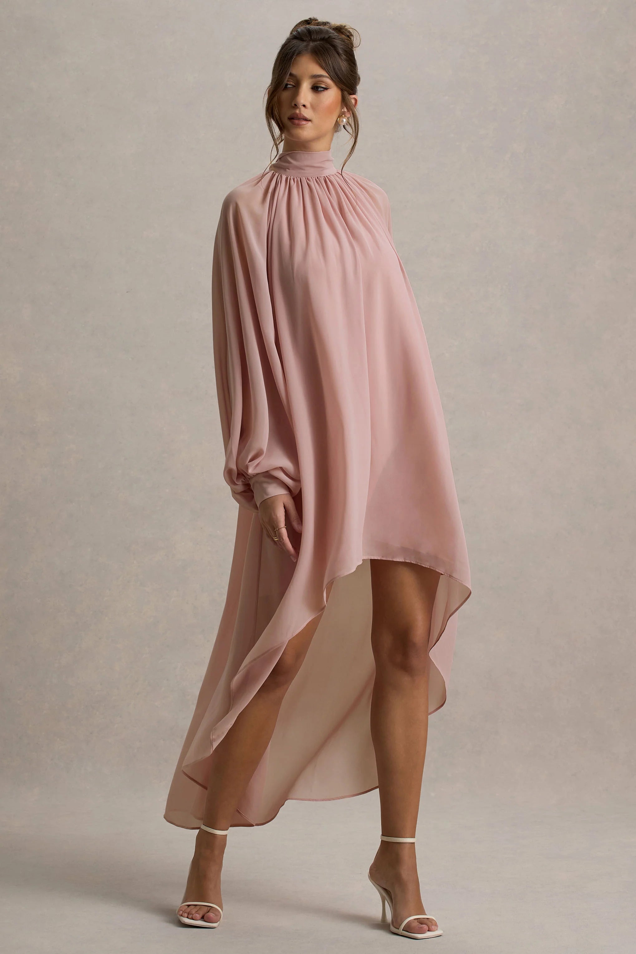Delphia Pale Pink High Neck Maxi Dress With High Low Hem