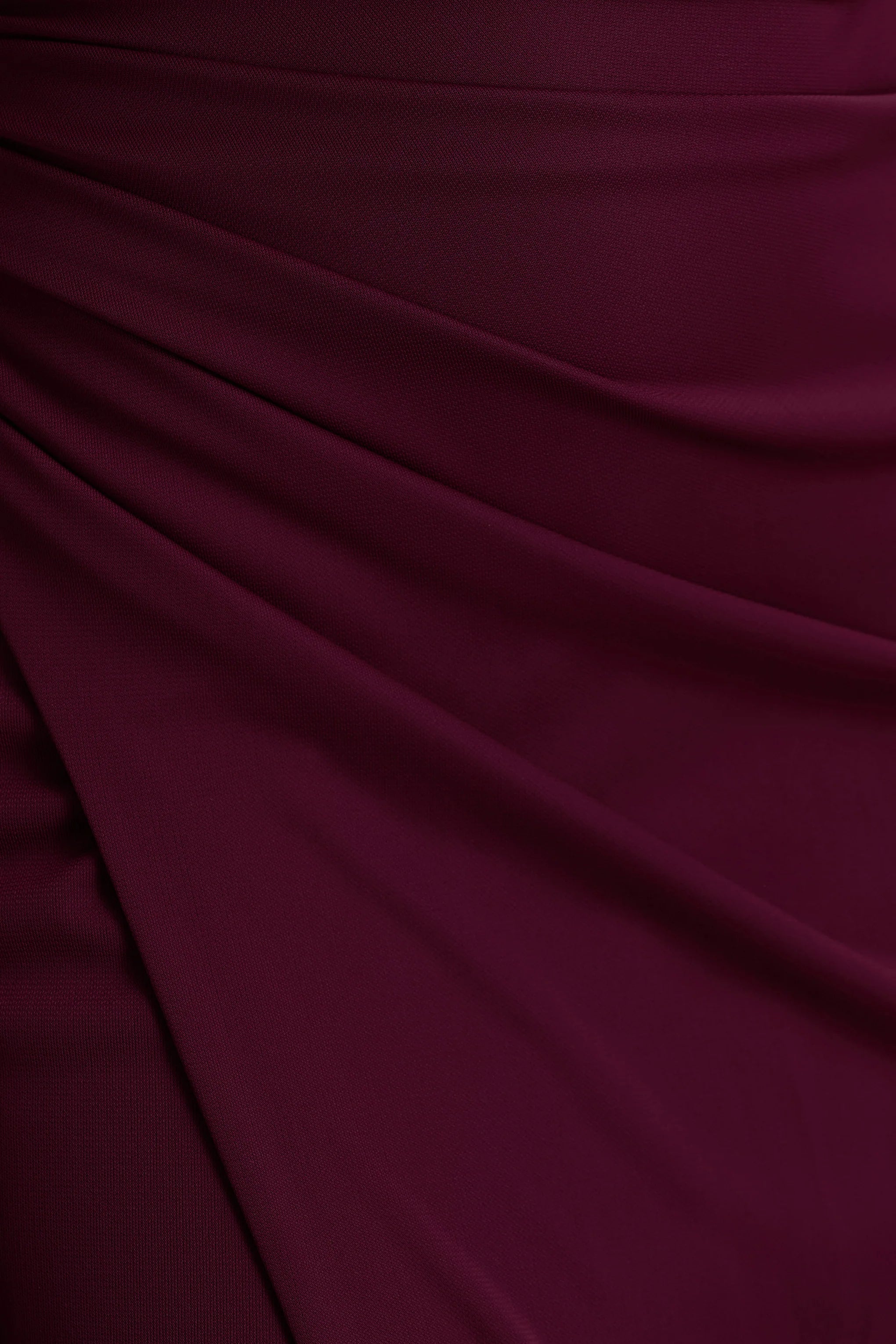 Lola Burgundy Asymmetric Neck Maxi Dress With Ruched Detailing And Front High Split